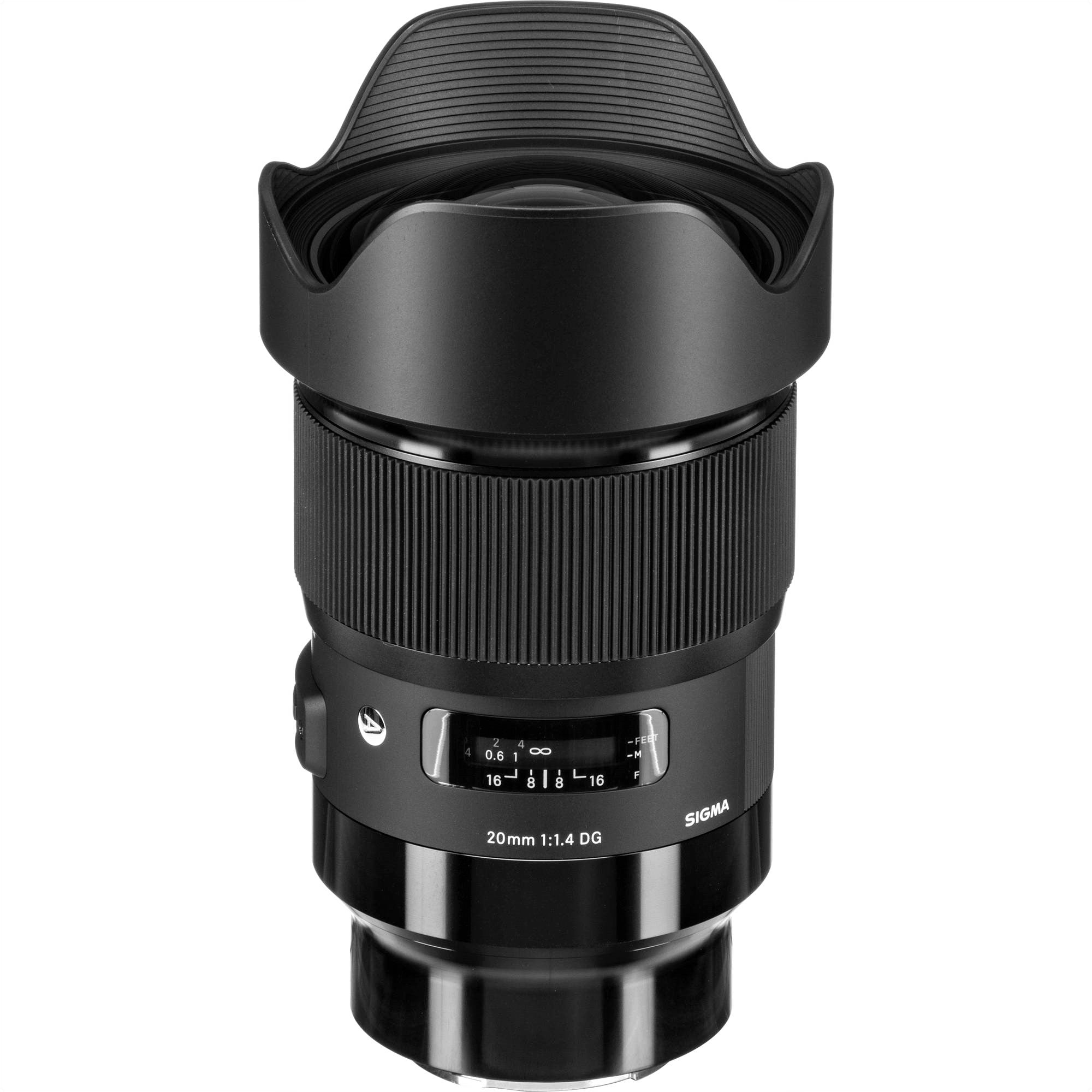 Sigma 20mm F1.4 DG HSM Art Lens for Sony E with Attached Lens Hood on the Top
