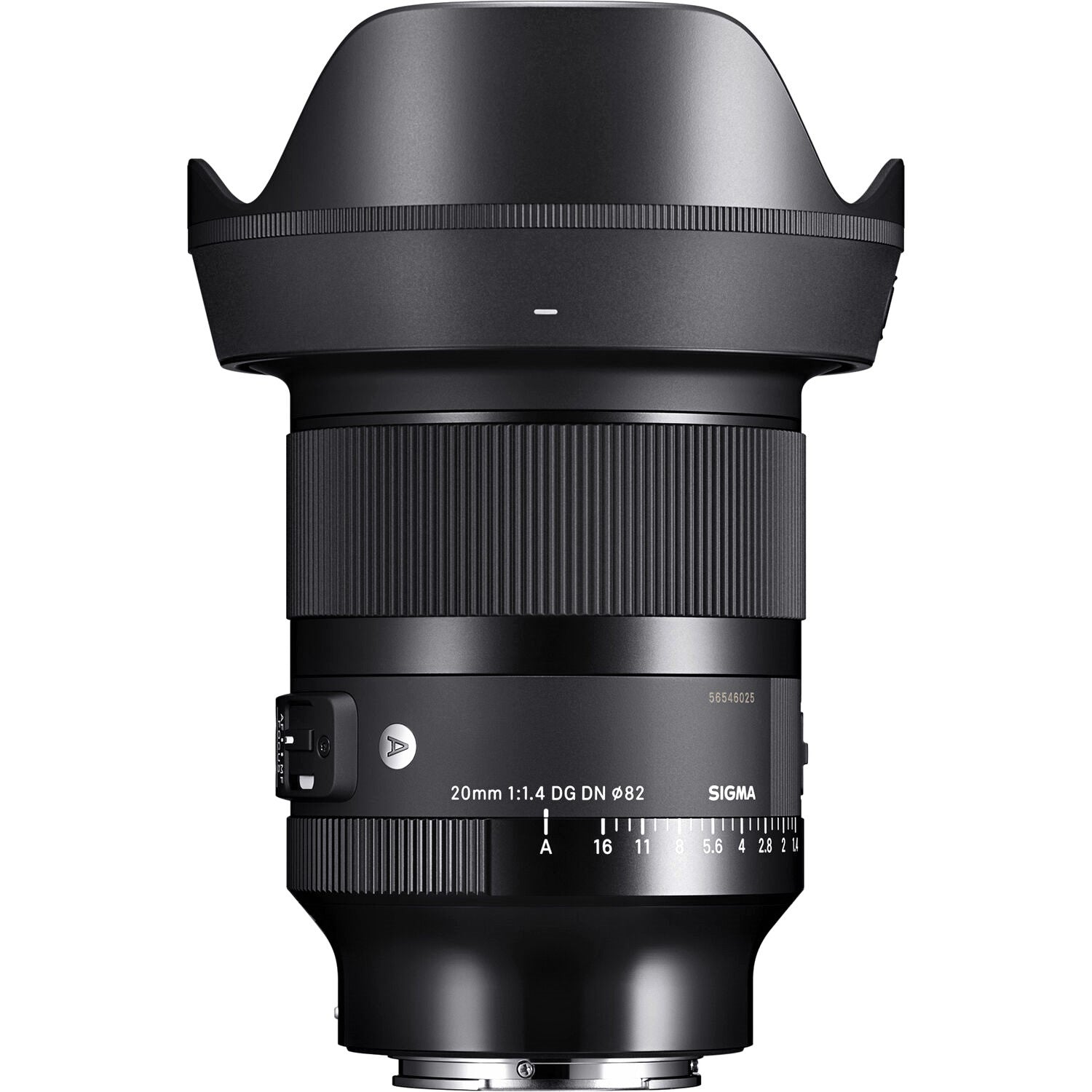 Sigma 20mm F1.4 DG DN Art Lens (Sony E Mount) with Attached Lens Hood on the Top