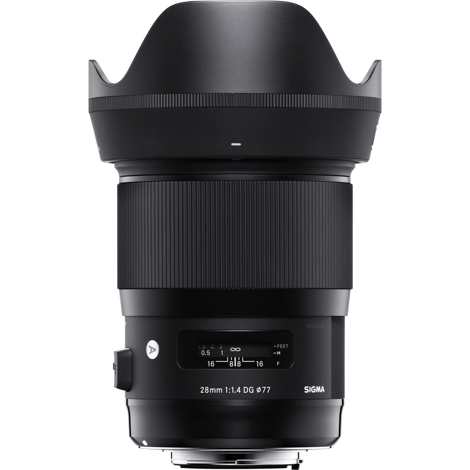 Sigma 28mm F1.4 DG HSM Art Lens for Canon EF with Attached Lens Hood on the Top