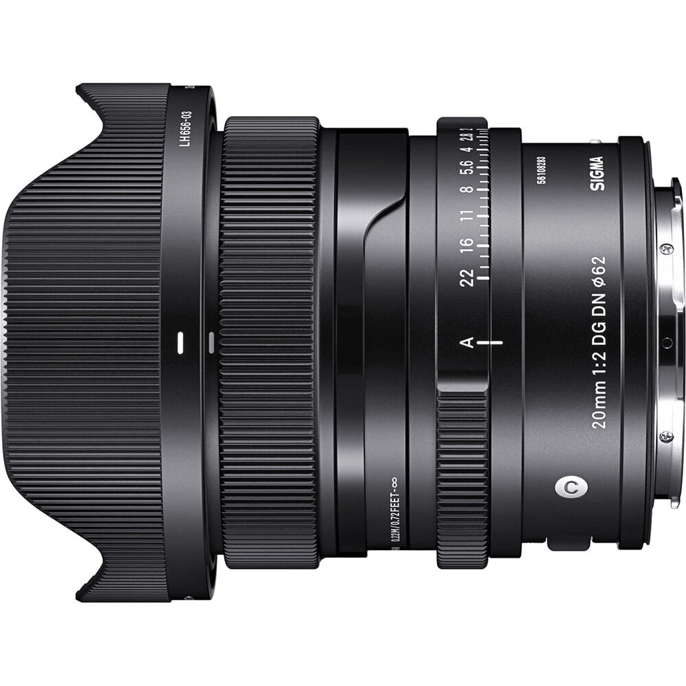 Sigma 20mm F2.0 DG DN Contemporary Lens (Leica L Mount) with Attached Lens Hood on the Left Side
