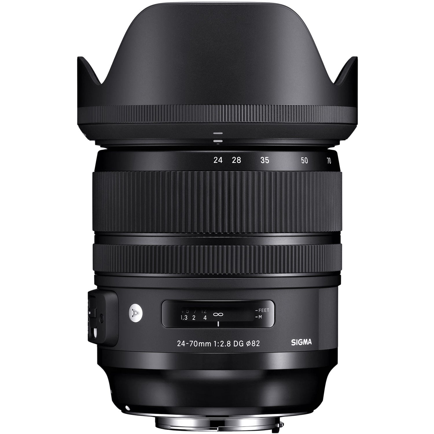 Sigma 24-70mm F2.8 DG OS HSM Art Lens for Canon EF with Attached Lens Hood on the Top