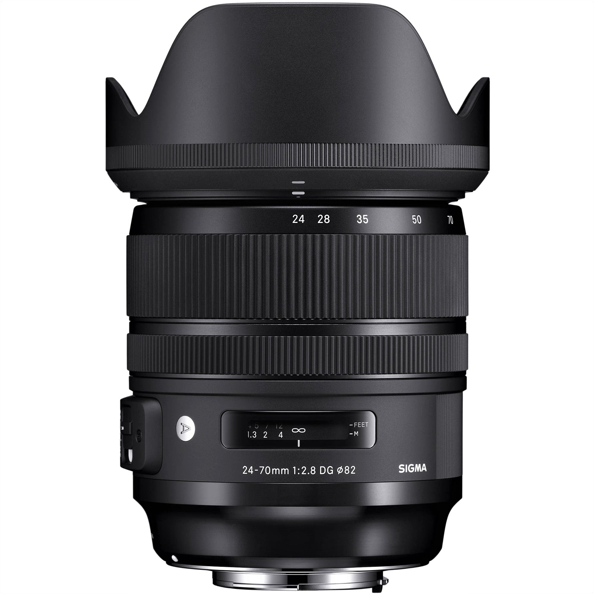 Sigma 24-70mm F2.8 DG OS HSM Art Lens for Sigma SA with Attached Lens Hood on the Top