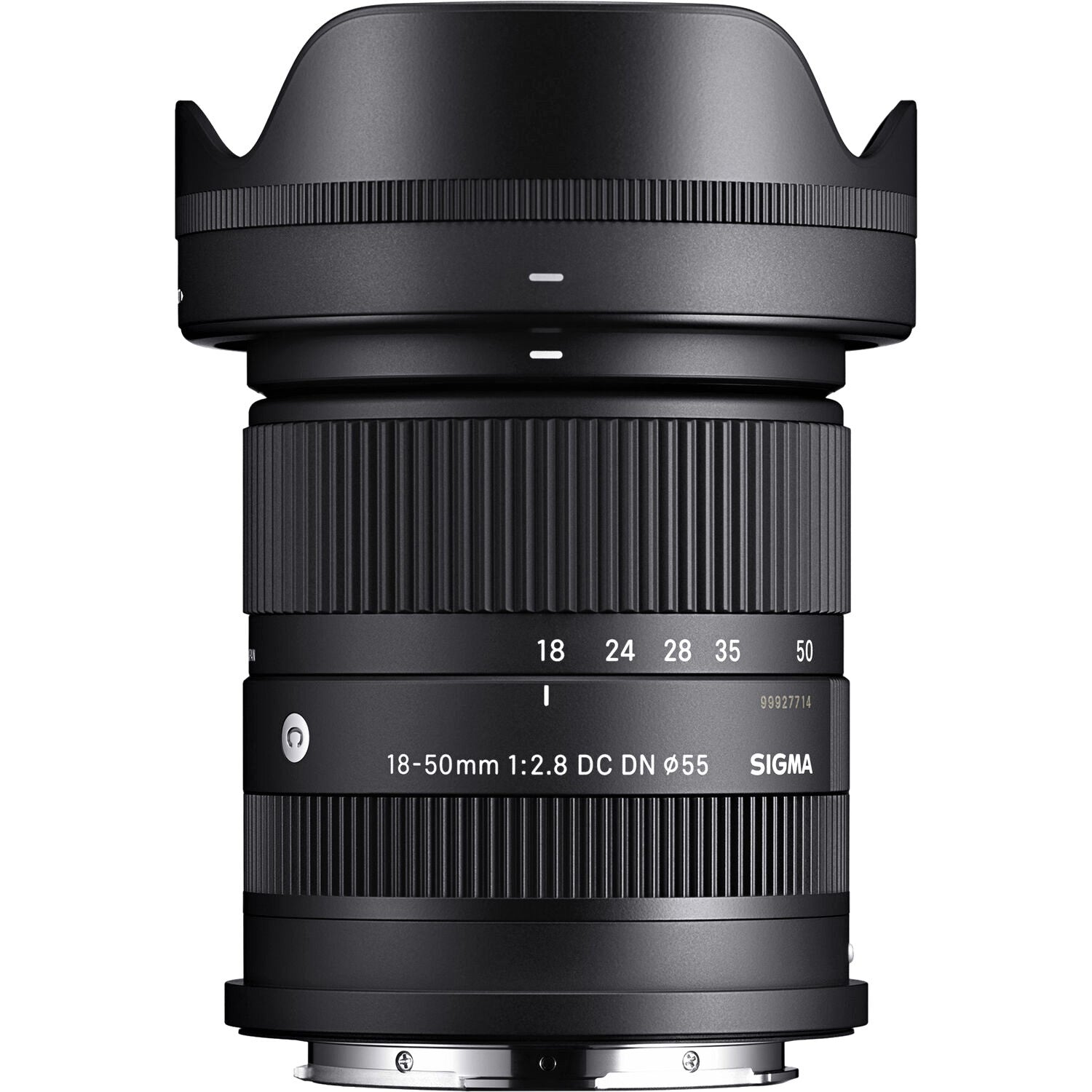 Sigma 18-50mm F2.8 DC DN Contemporary Lens (Leica L Mount) with Attached Lens Hood on the Top