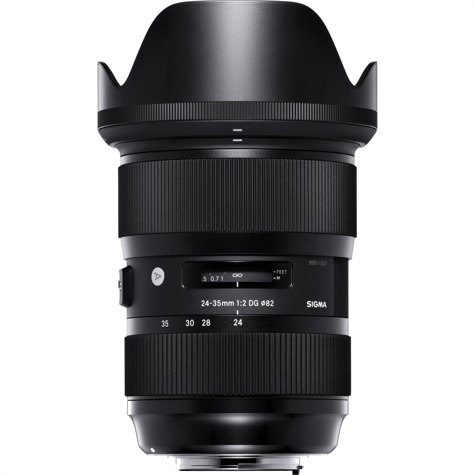 Sigma 24-35mm F2.0 DG HSM Art Lens for Sigma SA with Attached Lens Hood on the Top