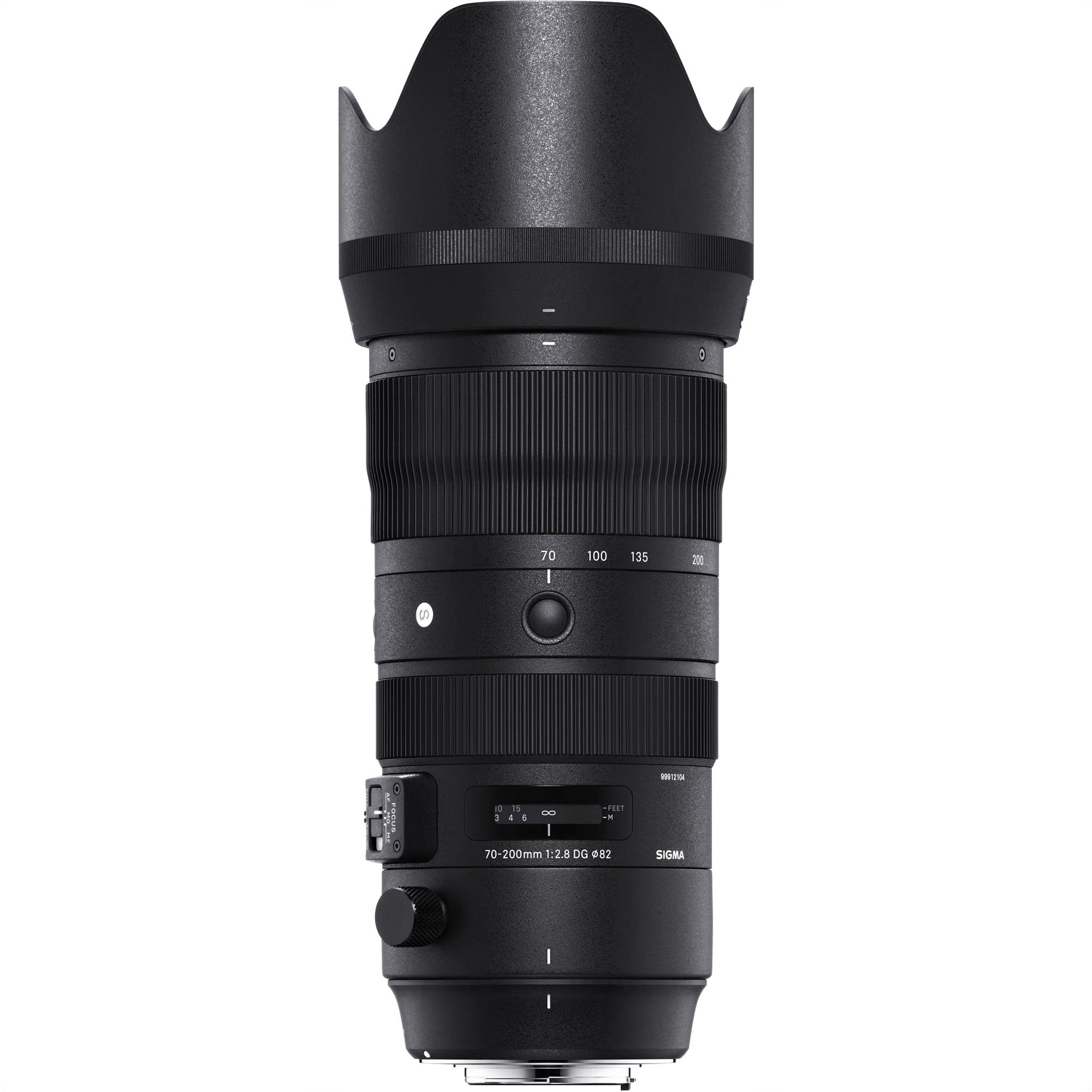 Sigma 70-200mm F2.8 DG OS HSM Sports Lens (Canon EF Mount) with Attached Lens Hood on the Top