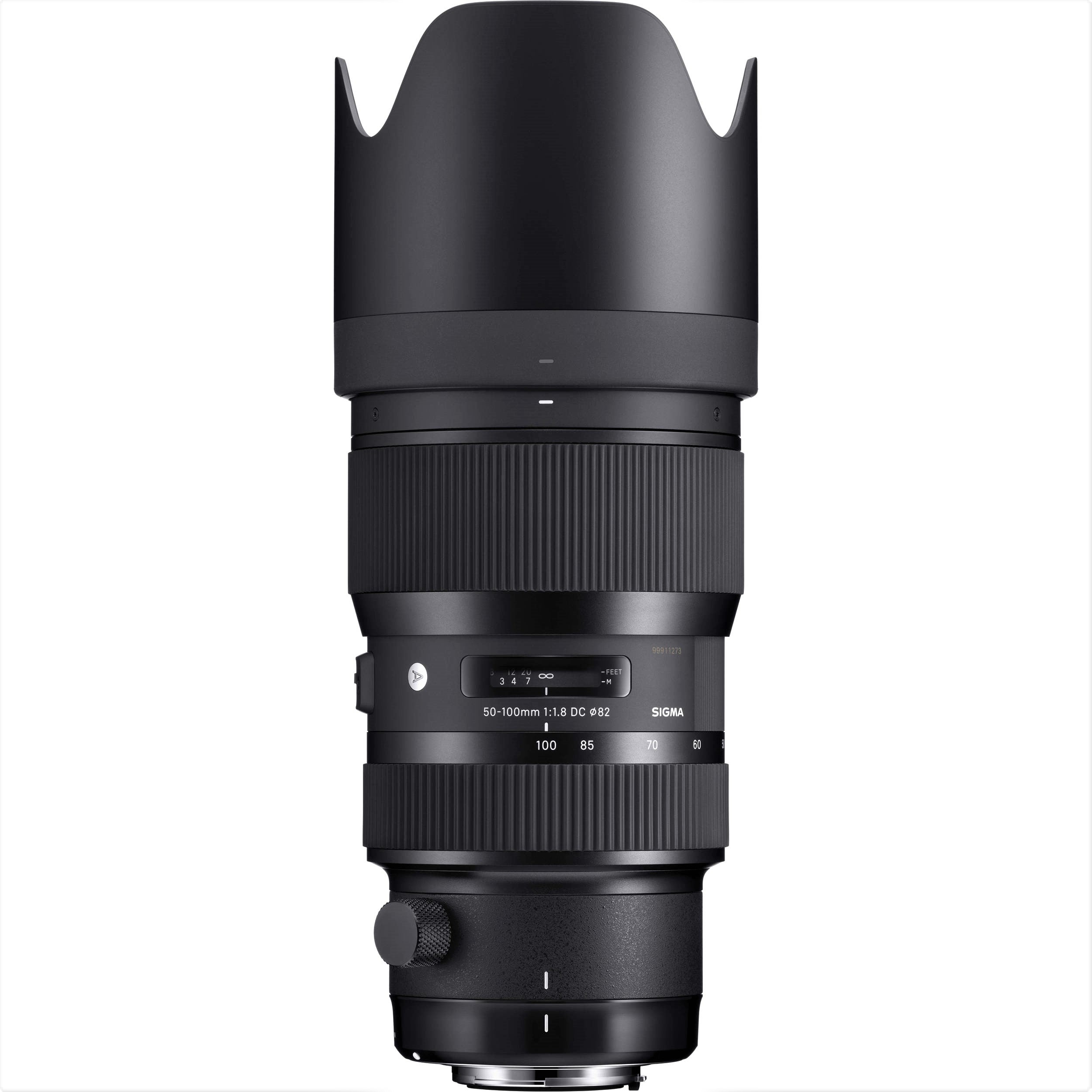 Sigma 50-100mm F1.8 DC HSM Art Lens for Canon EF with Attached Lens Hood on the Top