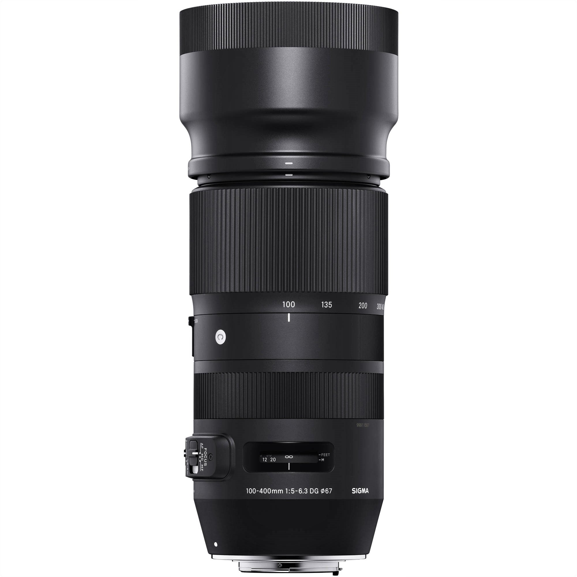 Sigma 100-400mm F5-6.3 DG OS HSM Contemporary Lens for Nikon F with Attached Lens Hood on the Top