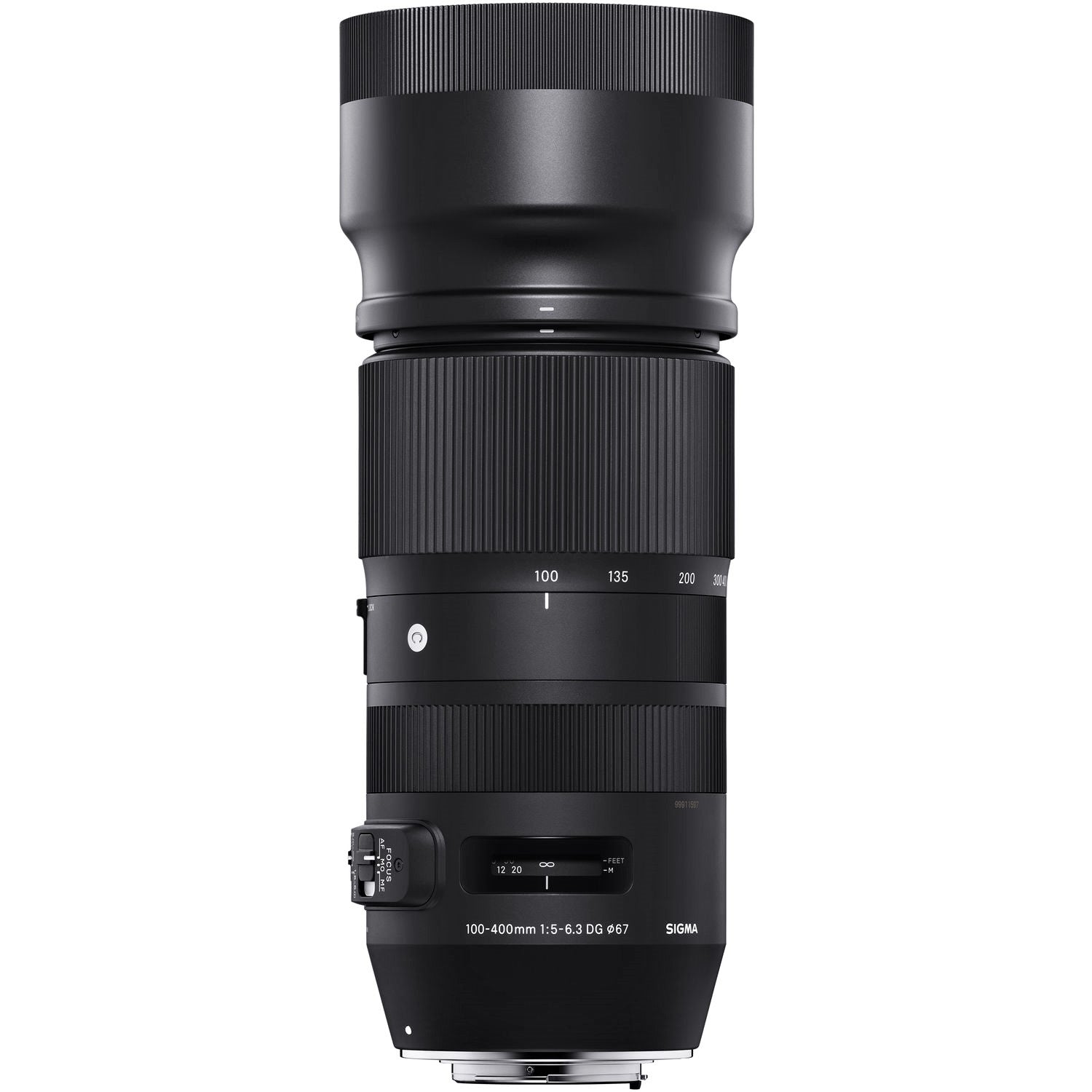 Sigma 100-400mm F5-6.3 DG OS HSM Contemporary Lens for Sigma SA with Attached Lens Hood on the Top