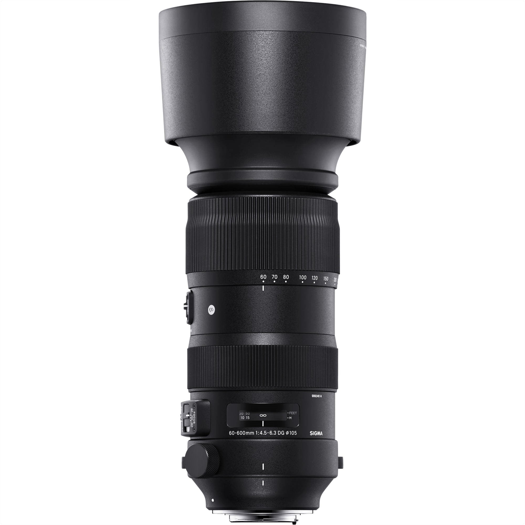 Sigma 60-600mm F4.5-6.3 DG OS HSM Sports Lens for Canon EF with Attached Lens Hood on the Top