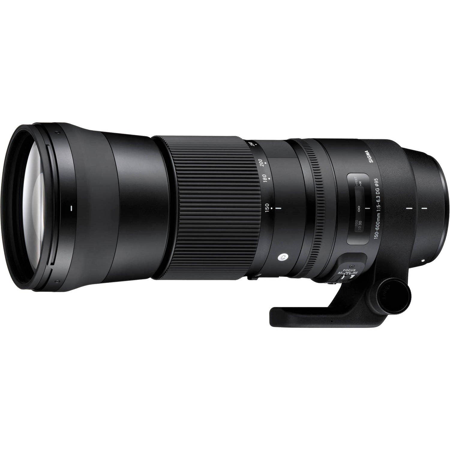Sigma 150-600mm F5-6.3 DG OS HSM Contemporary Lens for Sigma SA with Attached Lens Hood on the Left