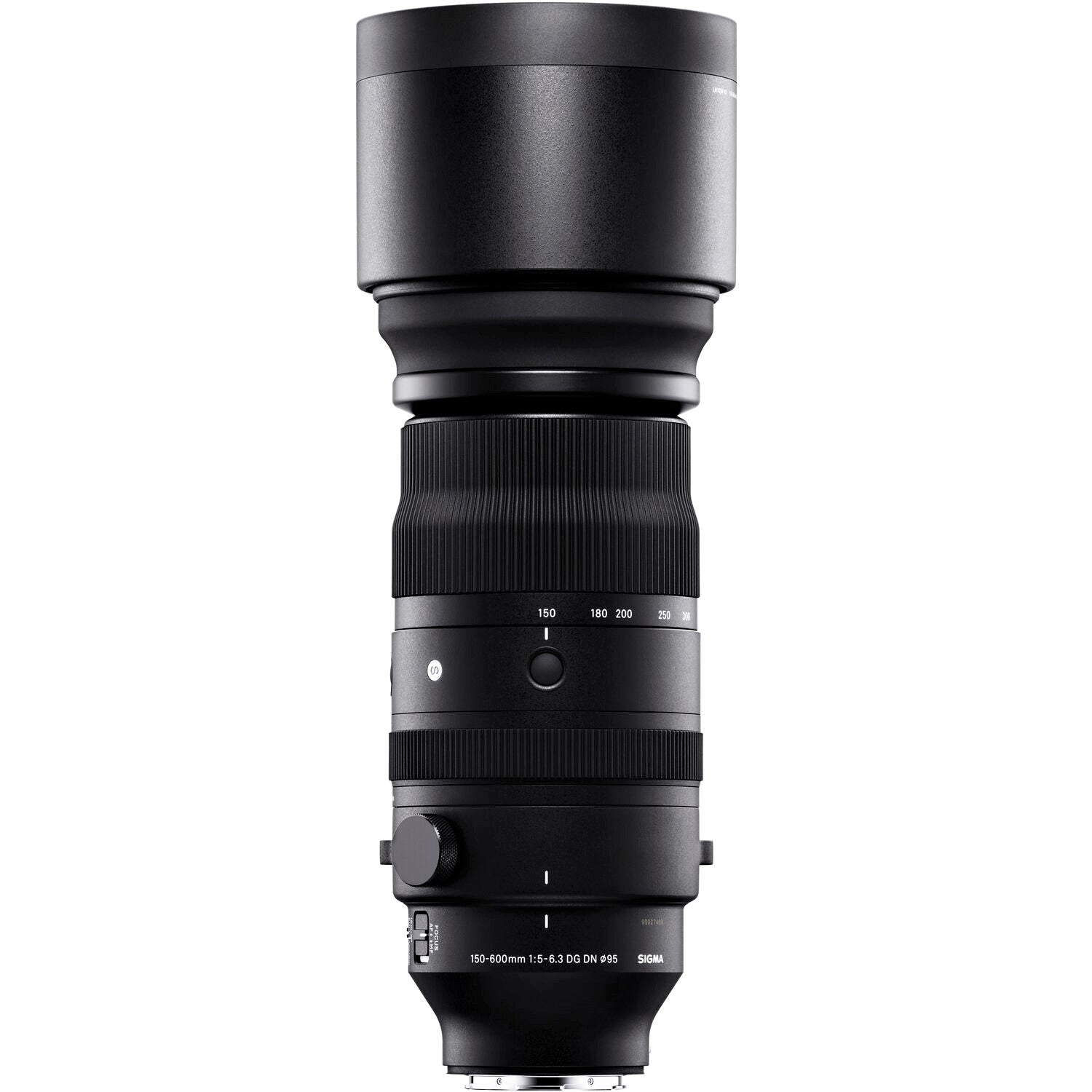 Sigma 150-600mm F5-6.3 DG DN OS Sports Lens (Sony E Mount) with Attached Lens Hood on the Top