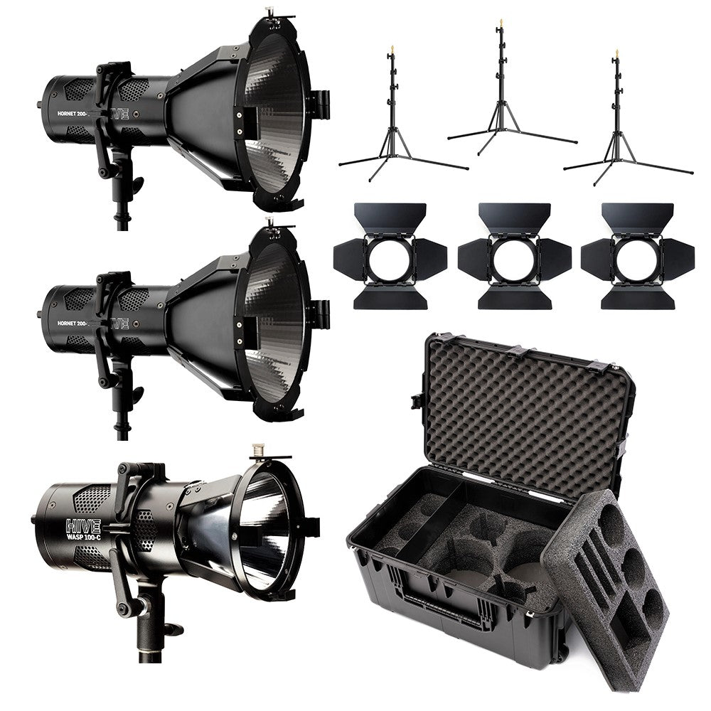 Hive Lighting 1-Wasp, 2-Hornet 200-C PAR Spot LED, 100-C 3-Light Kit with Hard Rolling Case