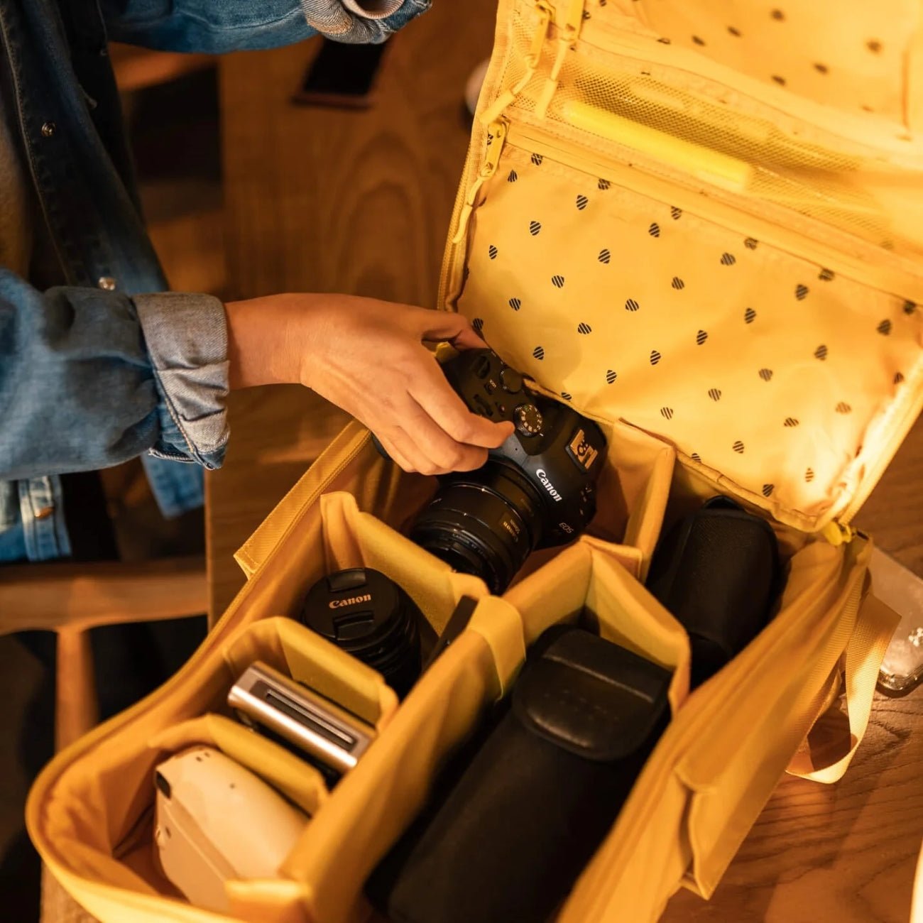 Langly Sierra Camera Backpack - Aspen Gold with Cameras and Lens Compartments