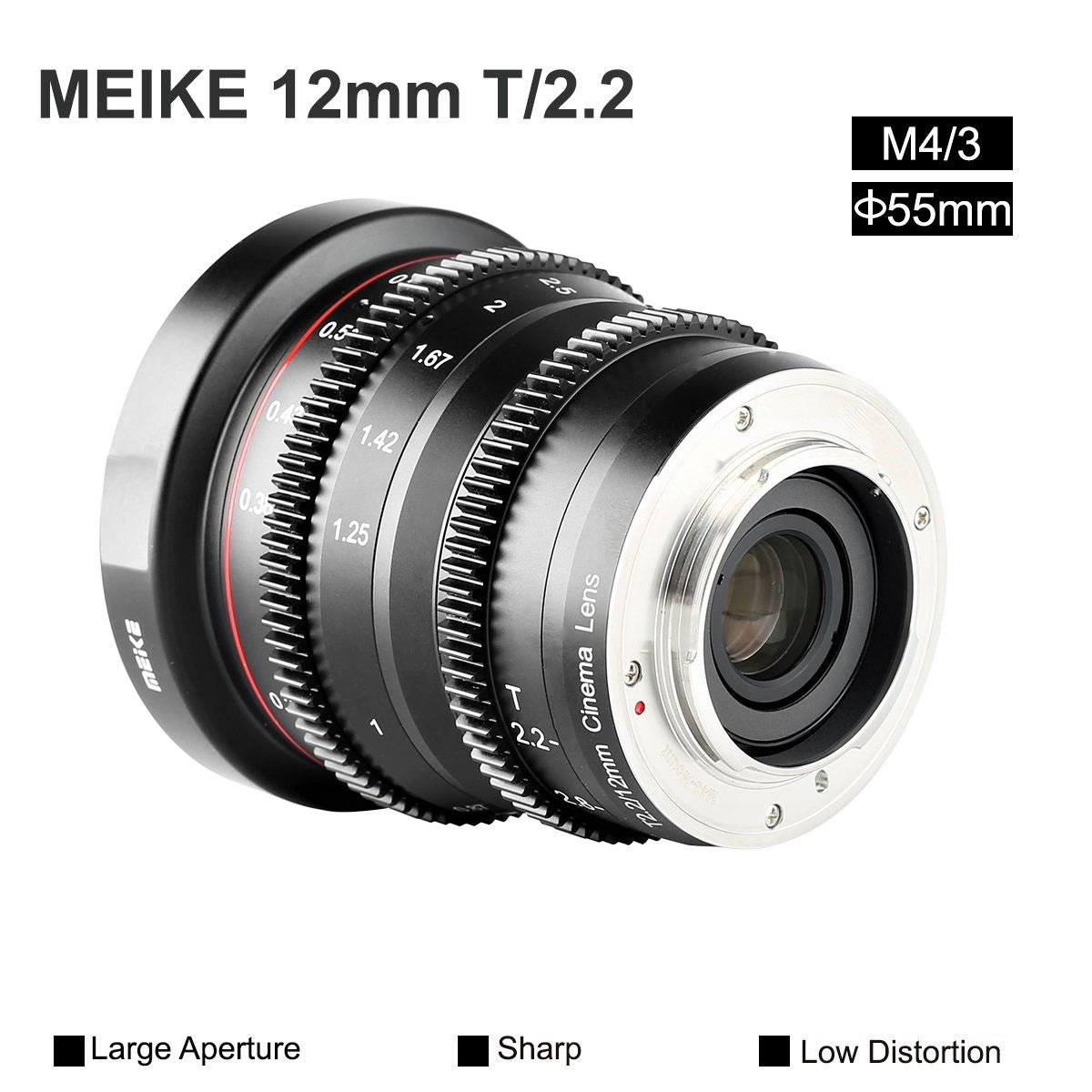Meike 12mm T2.2 Manual Focus Wide Angle Cinema Lens (MFT Mount) in a Back-Side View