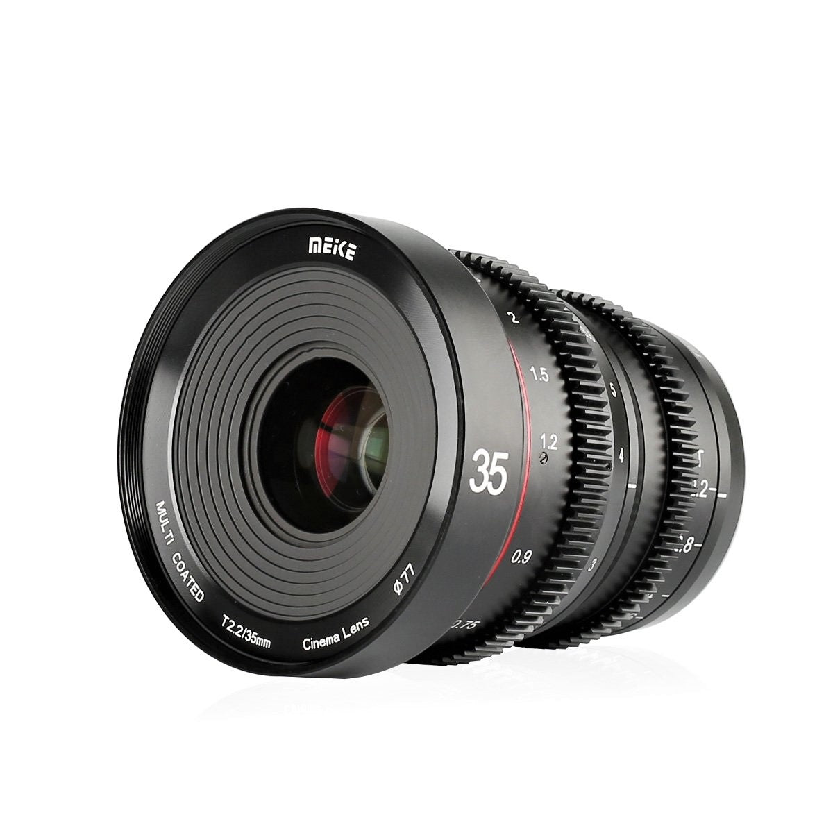 Meike 35mm T2.2 Manual Focus Cinema Lens (MFT Mount) in a Front-Side View