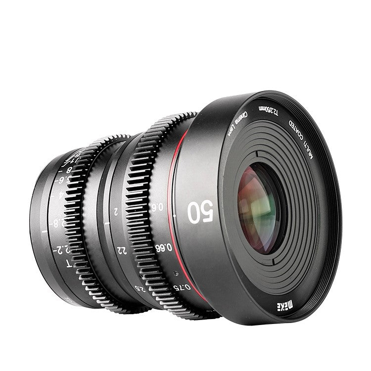 Meike 50mm T2.2 Manual Focus Cinema Prime Lens (Sony E Mount) in a Front-Side View