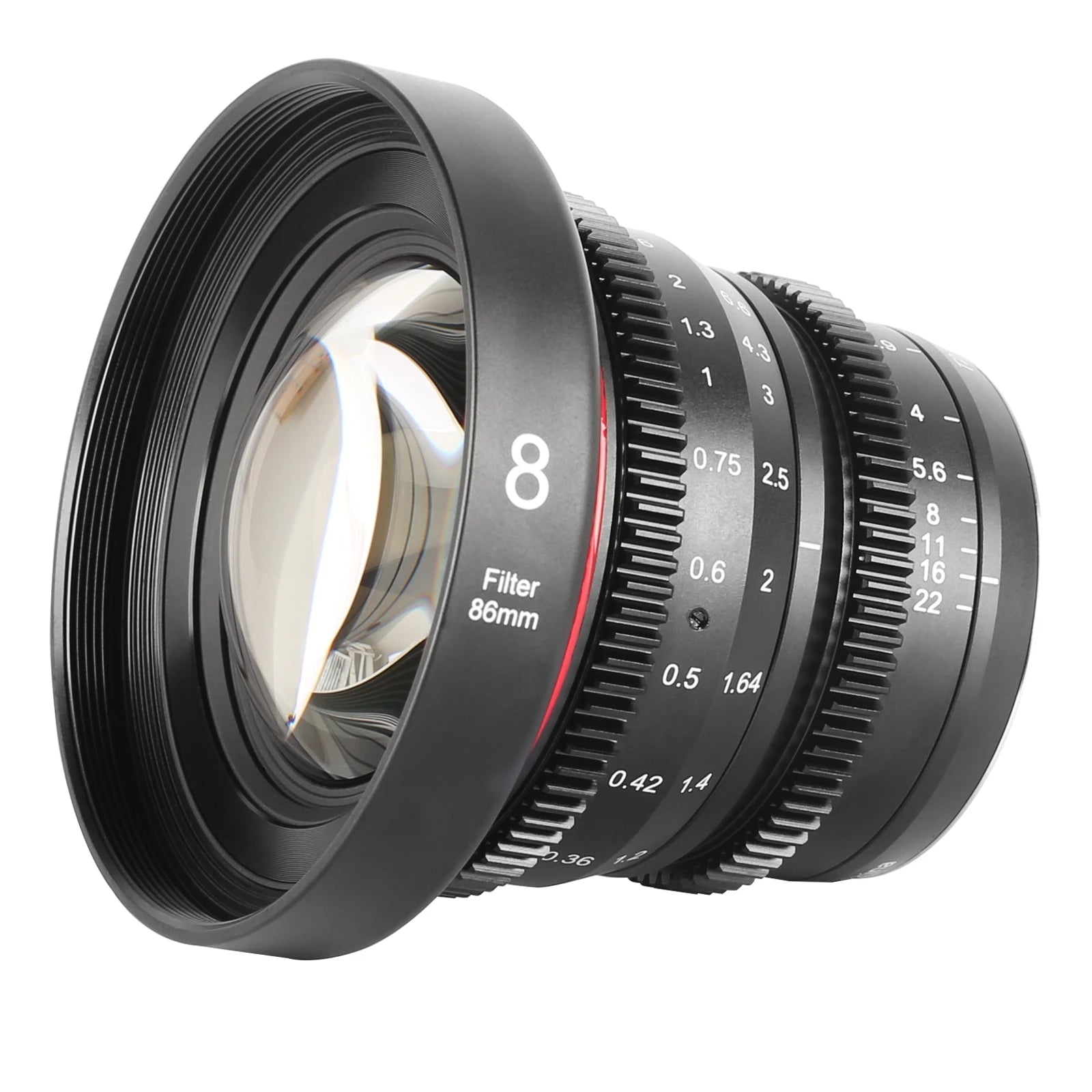 Meike Cinema 8mm T2.9 Micro4/3 Lens (MFT Mount) in a Front-Side View
