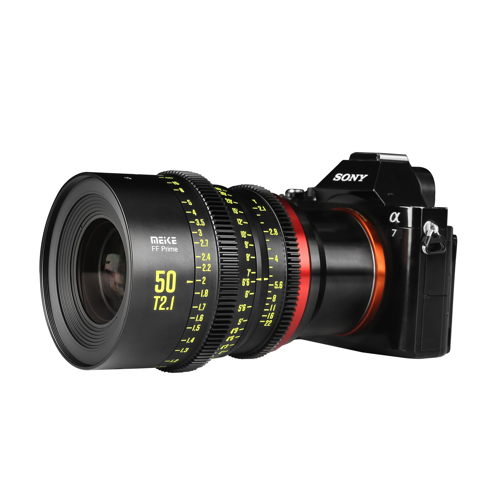 Meike Cinema Full Frame Cinema Prime 50mm T2.1 Lens (Sony E Mount) with Attached Camera