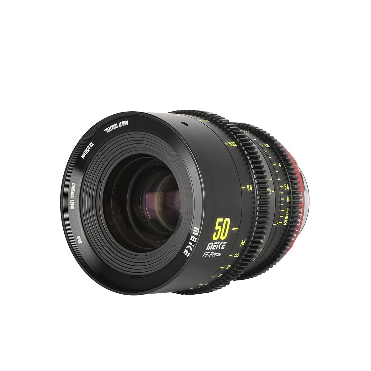 Meike Cinema Full Frame Cinema Prime 50mm T2.1 Lens (PL Mount) in a Front-Side View