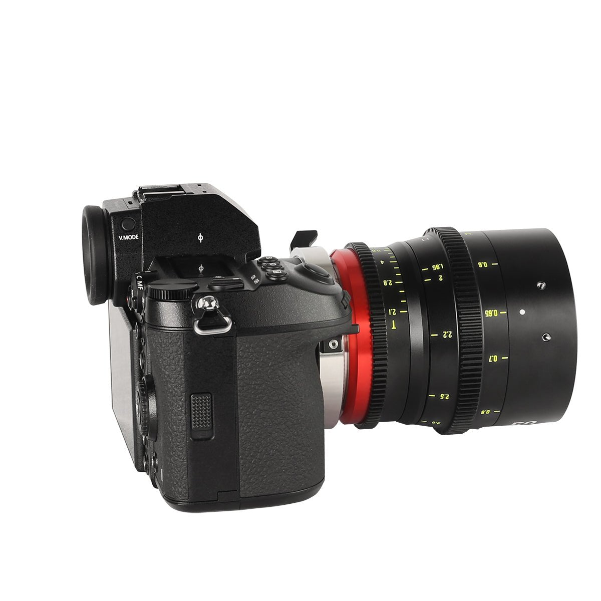 Meike Cinema Full Frame Cinema Prime 50mm T2.1 Lens (PL Mount) with Attached Camera on the Left Side