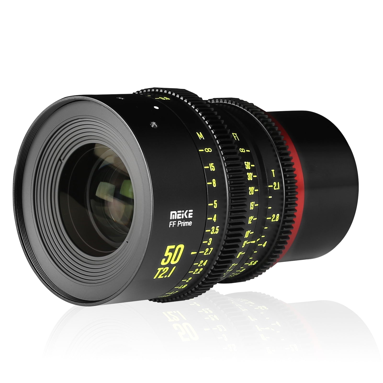 Meike Cinema Full Frame Cinema Prime 50mm T2.1 Lens (RF Mount) in a Front-Side View