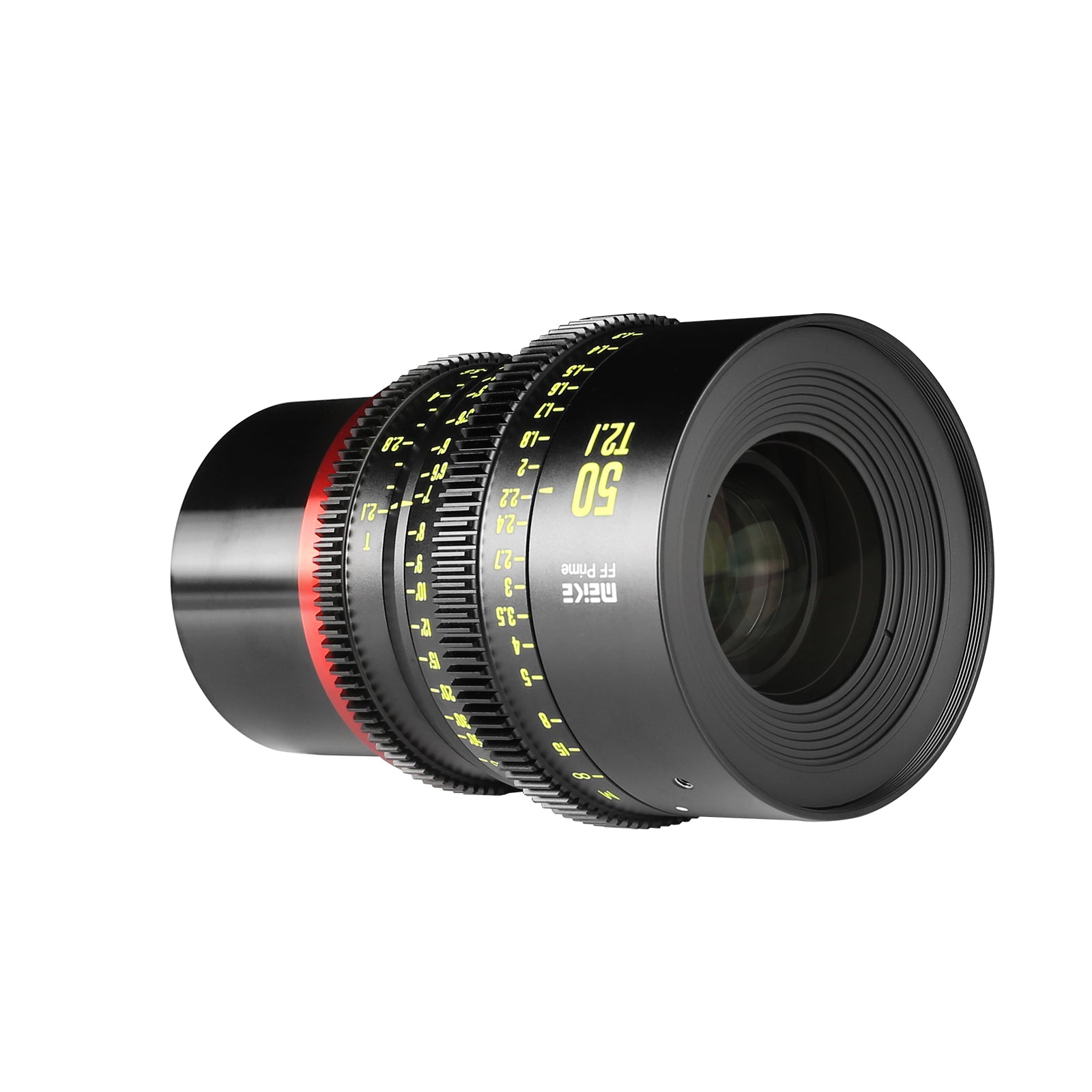 Meike Cinema Full Frame Cinema Prime 50mm T2.1 Lens (RF Mount) in a Front-Side View
