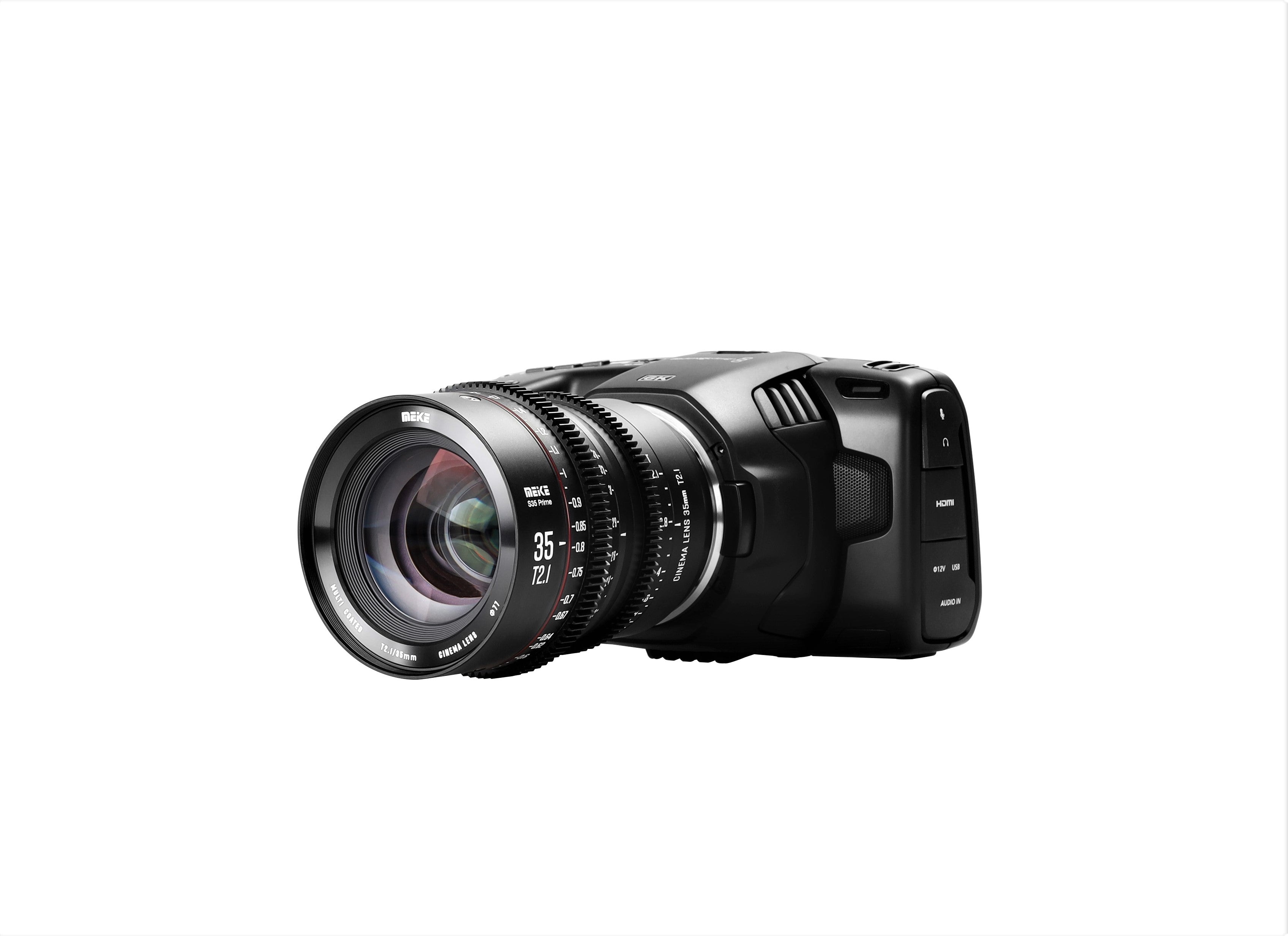 Meike Cinema Super35 Cinema Prime 35mm T2.1 Lens (EF Mount) with Attached Camera