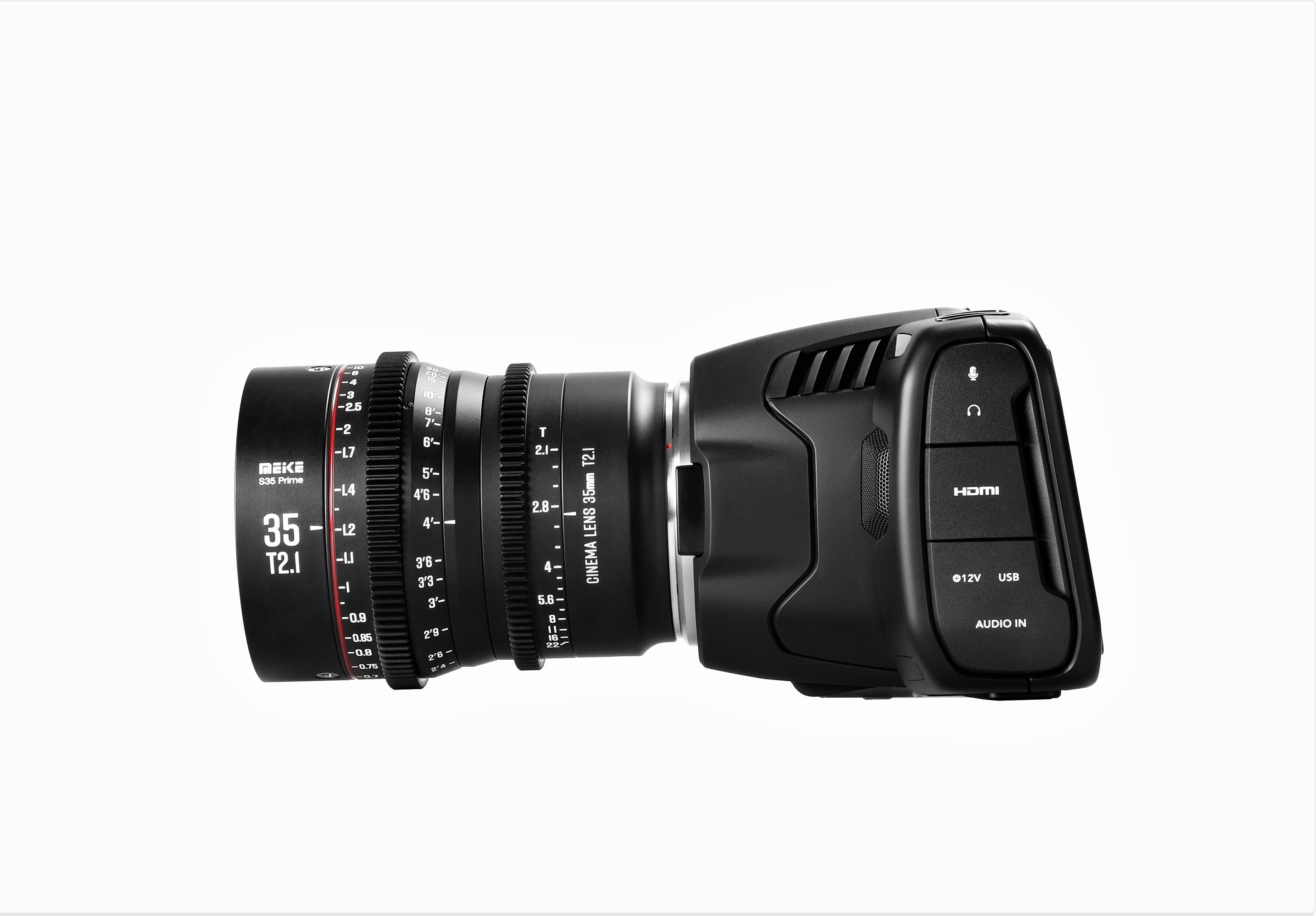 Meike Cinema Super35 Cinema Prime 35mm T2.1 Lens (EF Mount) in a Side View (with Attached Camera on the Right Side)