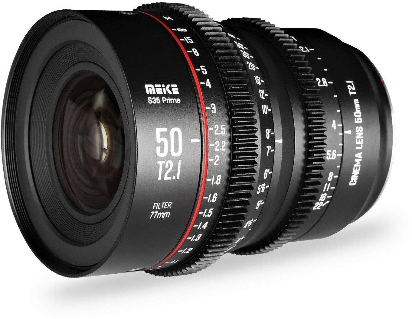 Meike 50mm T2.1 Super 35 Cine Prime Lens (PL Mount) in a Front-Side View