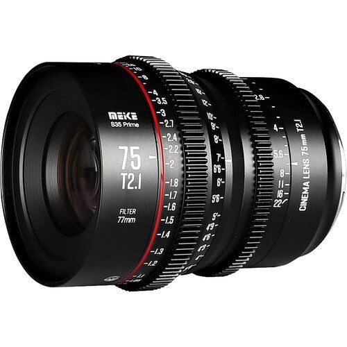 Meike Cinema Super35 Cinema Prime 75mm T2.1 Lens (PL Mount) in a Front-Side View