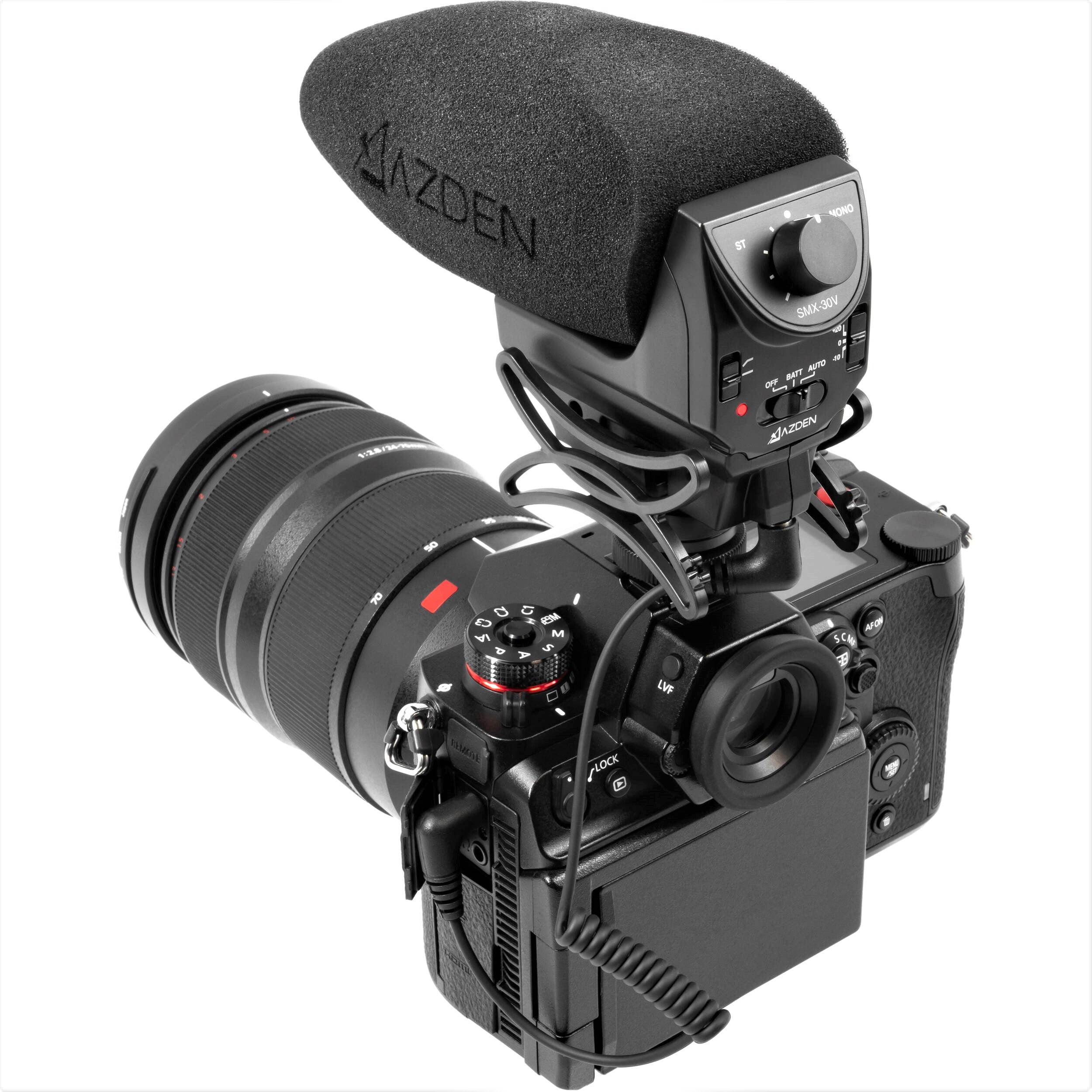 Azden Stereo/Mono Mixable Video Microphone Attached to a Camera