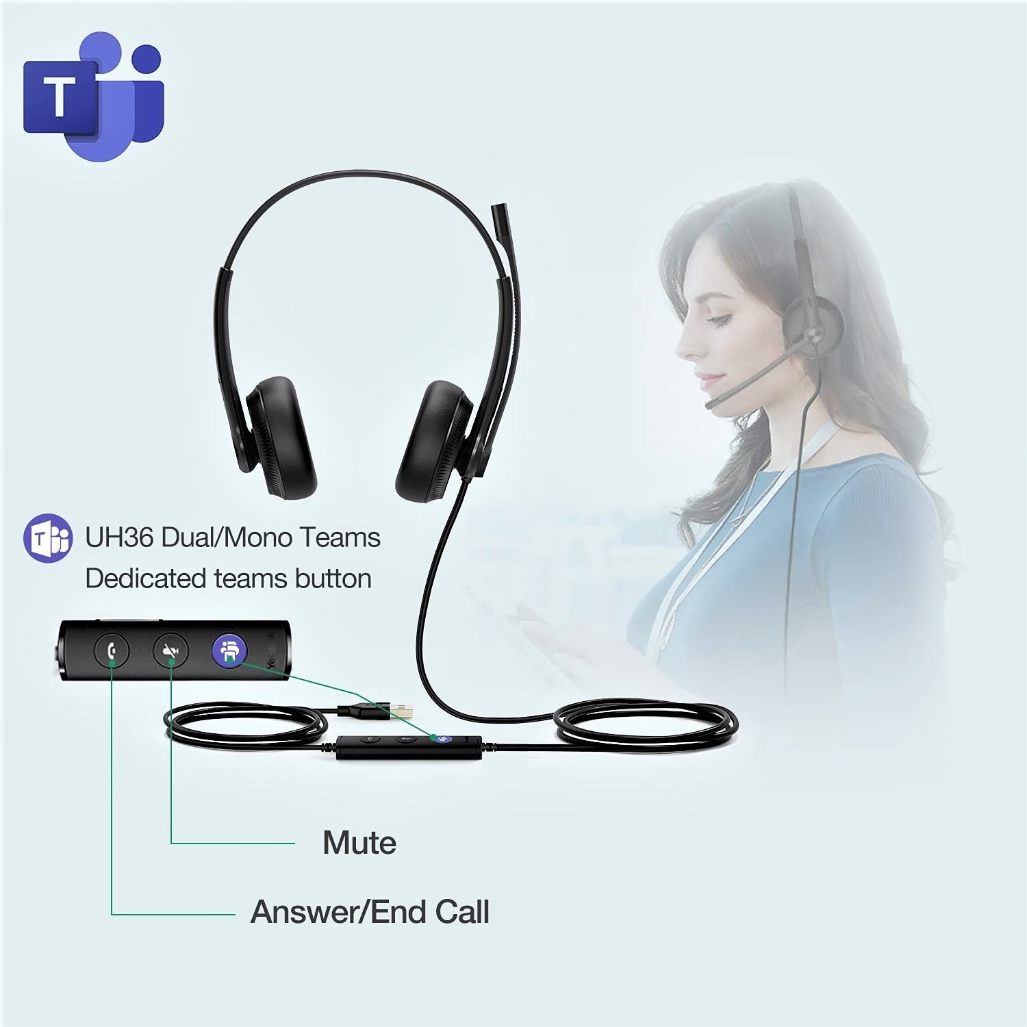 Yealink Wired Headset USB Headset with Microphone Computer Headset with Noise Canceling PC Laptop Headset with Mic Stereo for Microsoft Optimized Teams Certified UH34-DUAL UH36