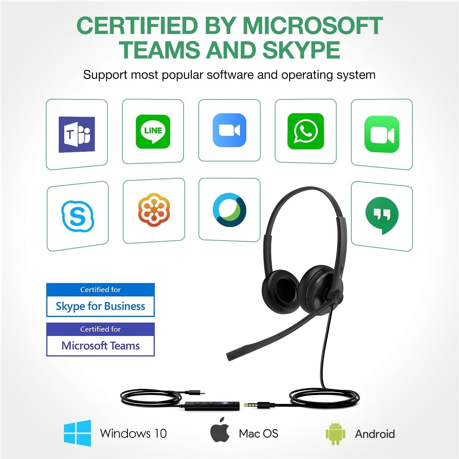 Yealink Headset with Microphone Teams Certified Headphones Wired USB-C Type C 3.5mm Jack UH34 UH36 Noise Cancelling with Mic Stereo Headset