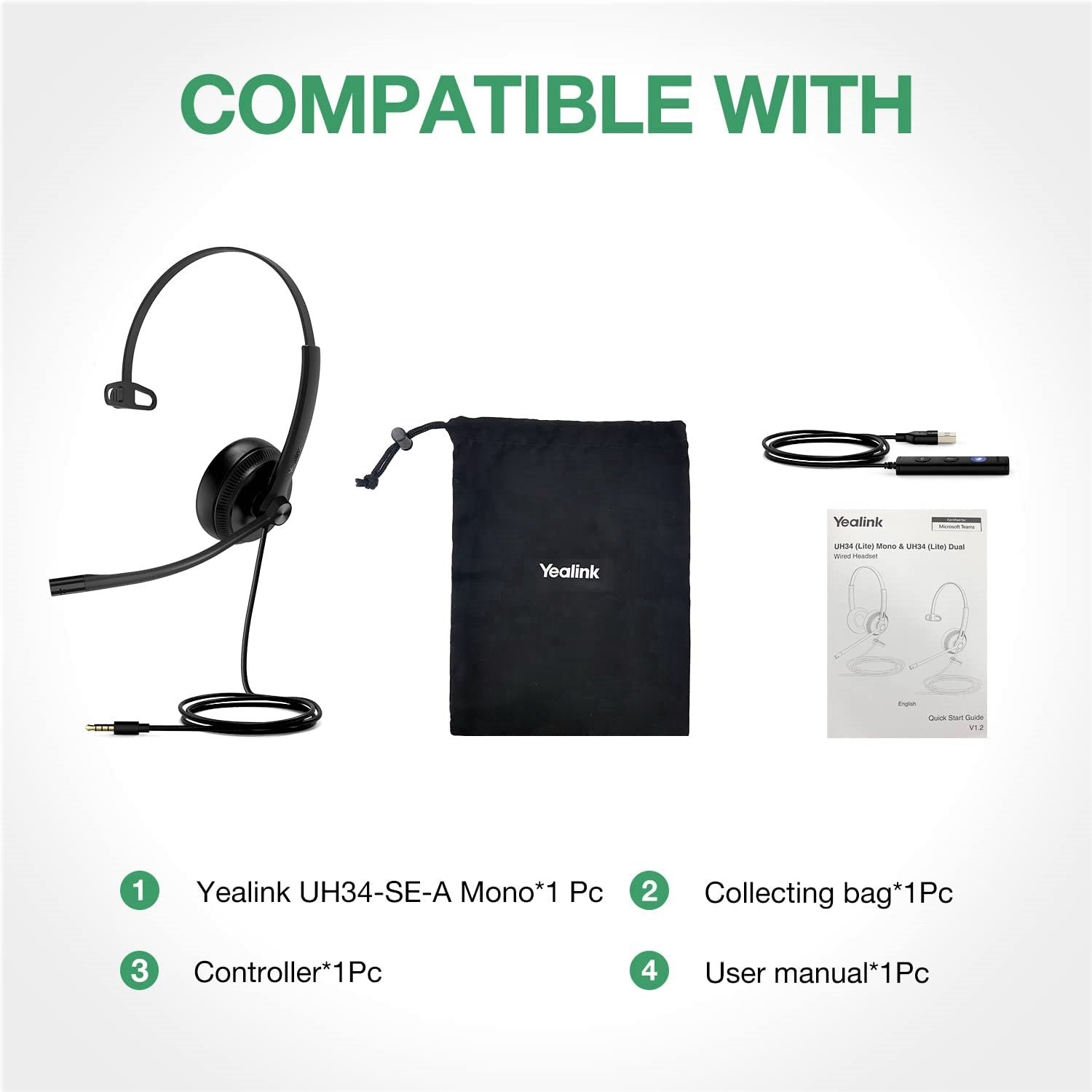 Yealink Headset with Microphone Teams Certified Headphones USB-A & 3.5mm Jack Wired UH34-SE Noise Cancelling