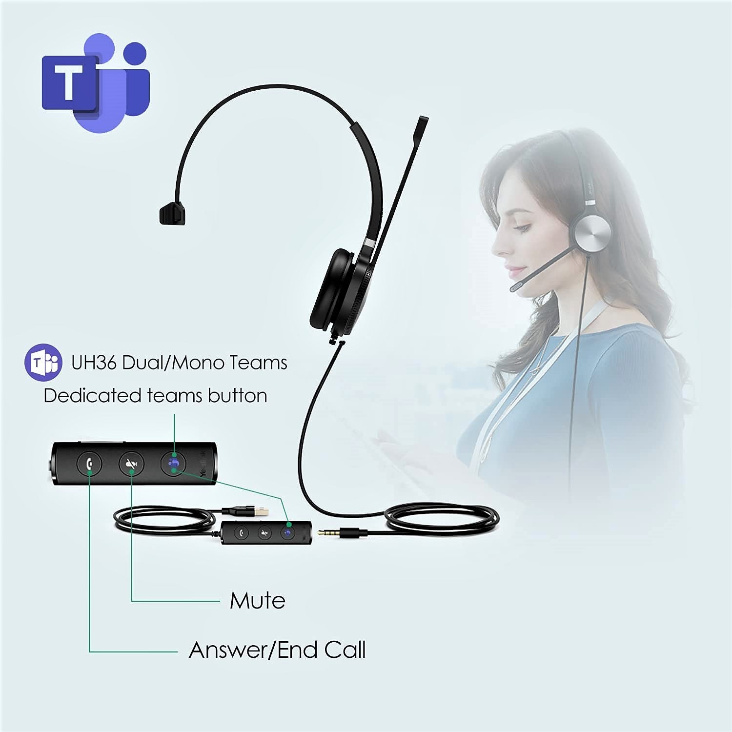 Yealink Teams Certified Telephone Headset Microphone USB Wired UH36 UH34 Noise Cancelling with Mic for Computer PC Laptop Stereo for Calls and Music 3.5mm Jack