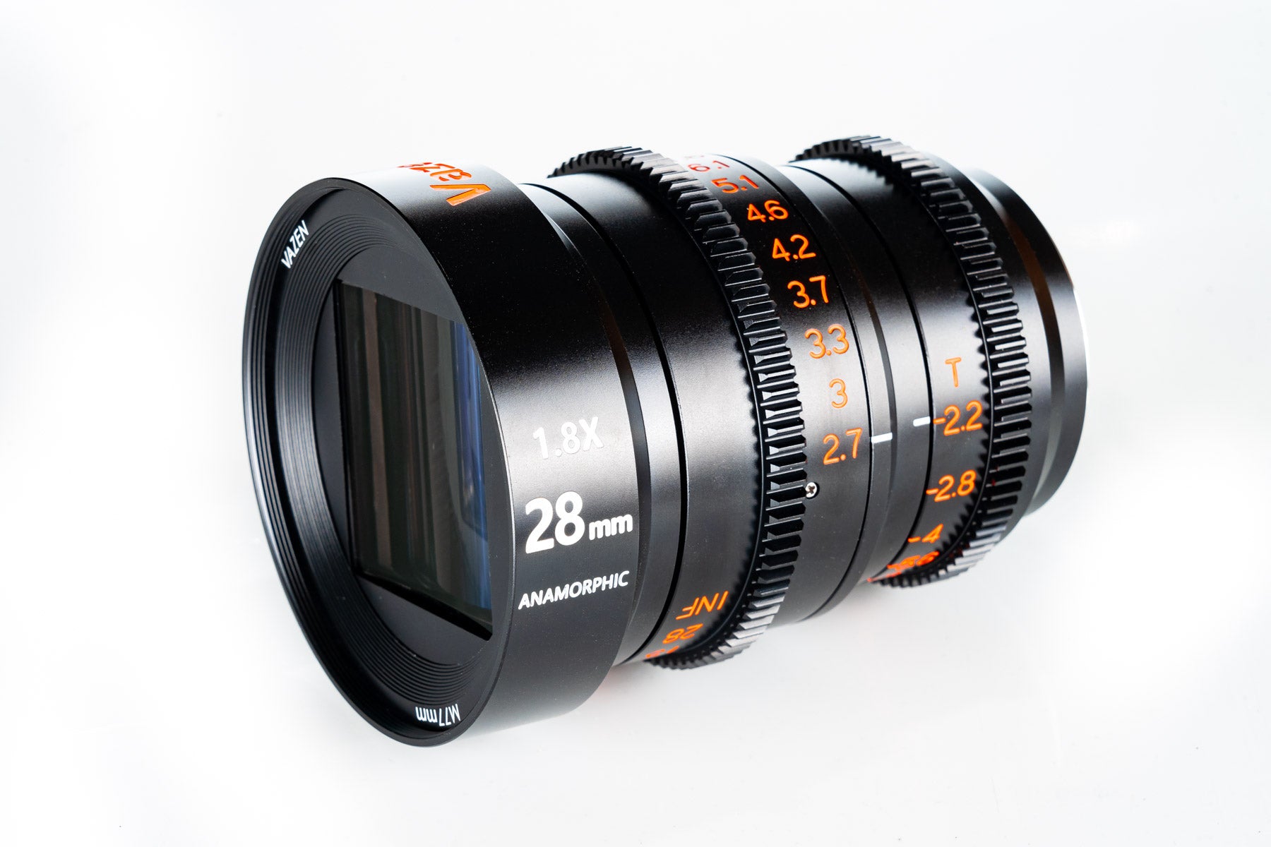 Vazen 28mm T/2.2 1.8X Anamorphic Lens for MFT Camera in a Front-Side View