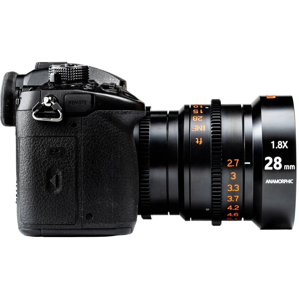 Vazen 28mm T/2.2 1.8X Anamorphic Lens for MFT Camera with Attached Camera on the Left Side