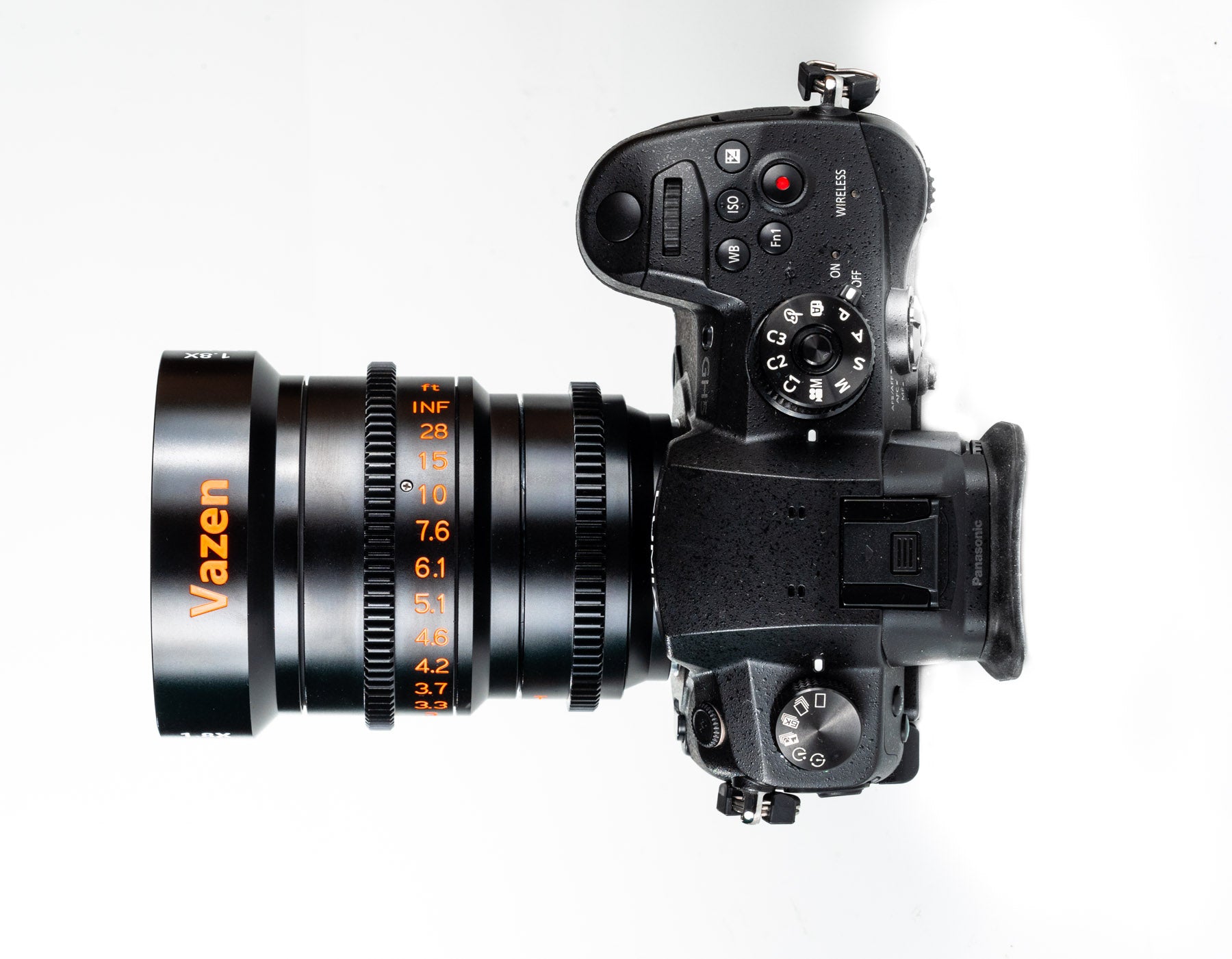 Vazen 28mm T/2.2 1.8X Anamorphic Lens for MFT Camera from a Top View with Attached Camera