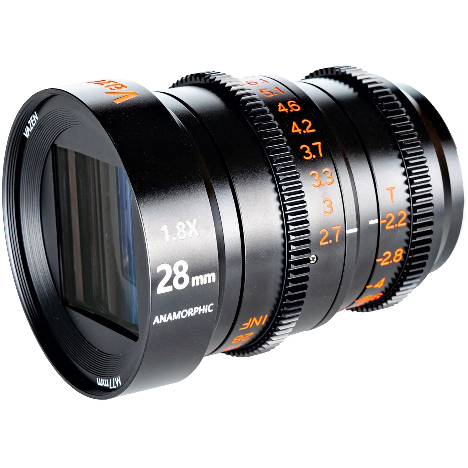 Vazen 28mm T/2.2 1.8X Anamorphic Lens (MFT, Amber Flare) in a Front-Side View