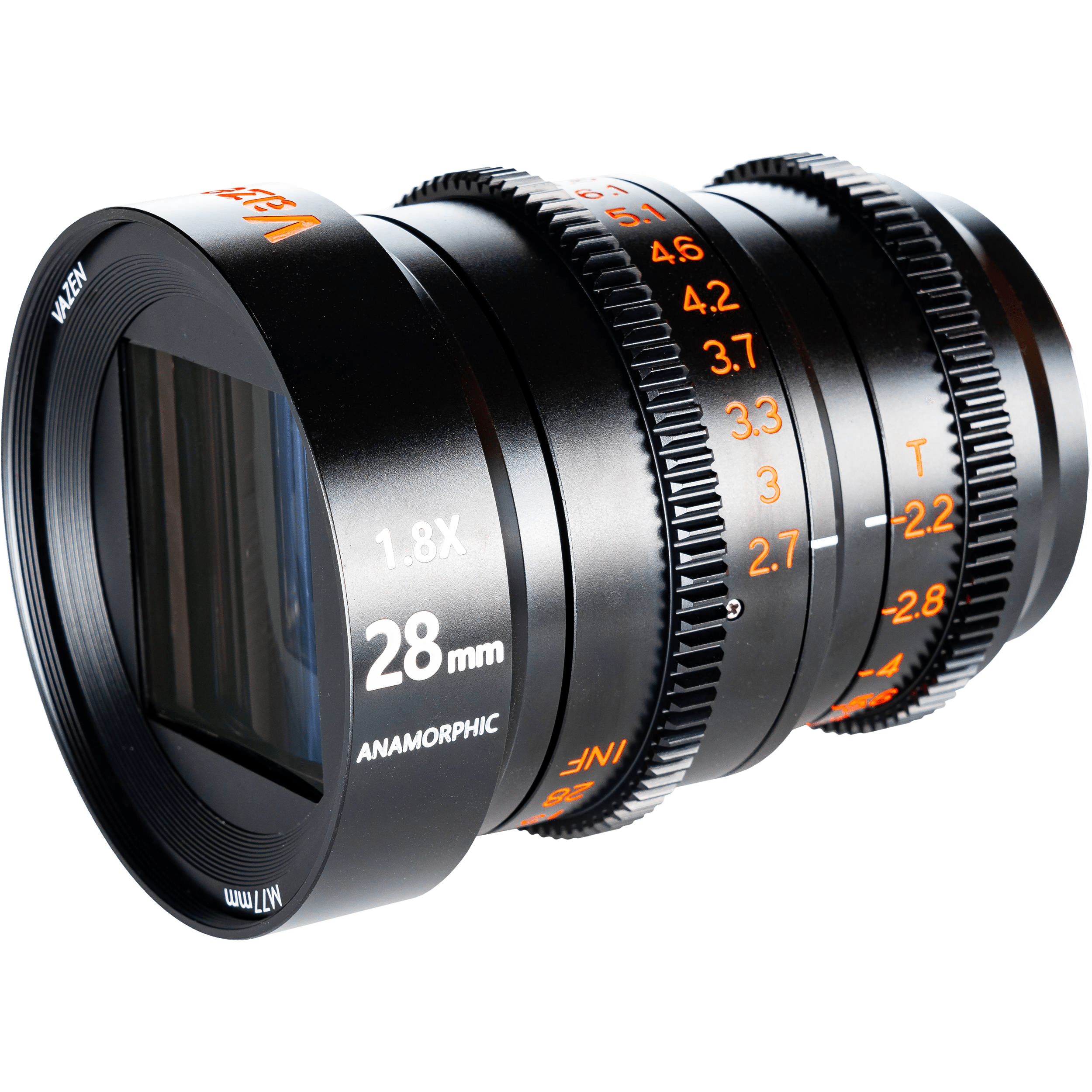 Vazen 28mm T/2.2 1.8X Anamorphic Lens for Canon RF Camera in a Front-Side View