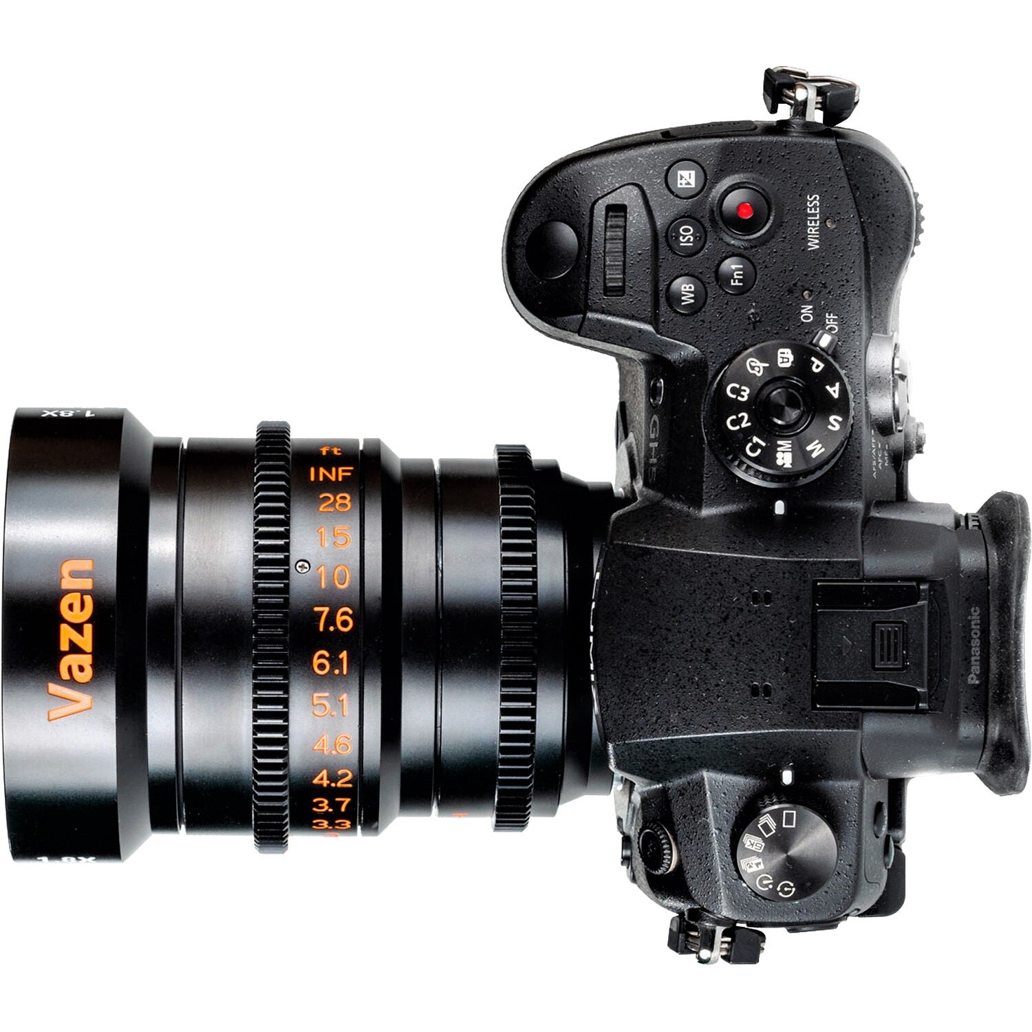 Vazen 28mm T/2.2 1.8X Anamorphic Lens (RF Mount, Amber Flare) from a Top View with Attached Camera on the Right Side