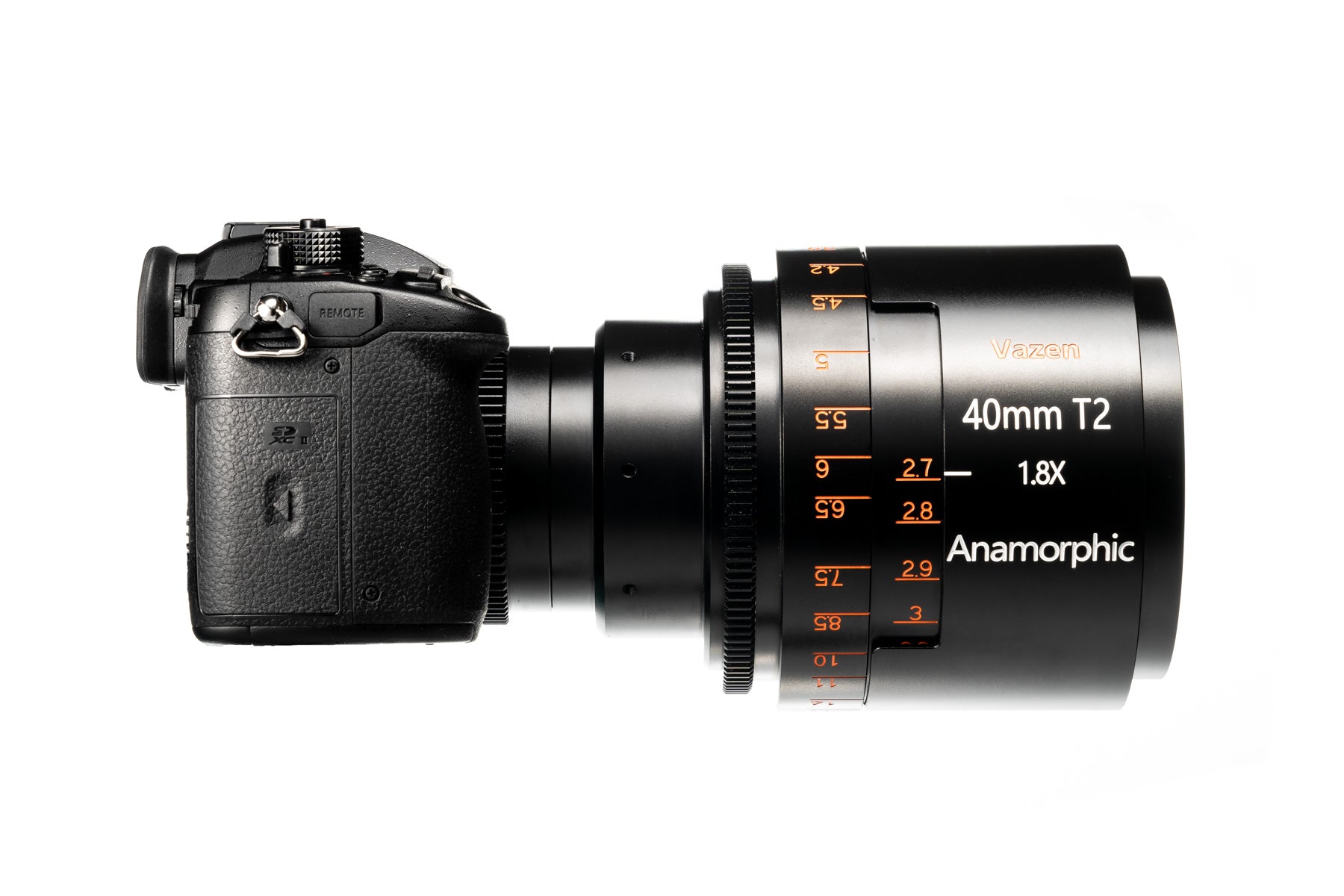 Vazen 40mm T/2 1.8X Anamorphic Lens for Canon RF Camera with Attached Camera on the Left Side
