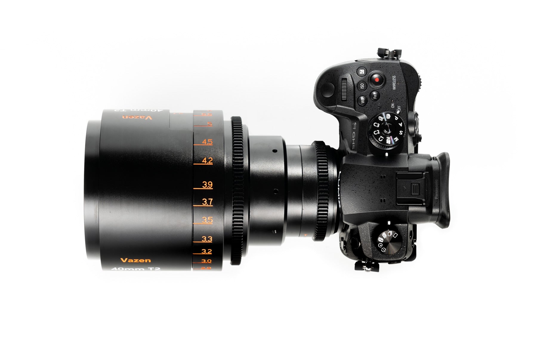Vazen 40mm T/2 1.8X Anamorphic Lens for Canon RF Camera from a Top View (with Attached Camera)