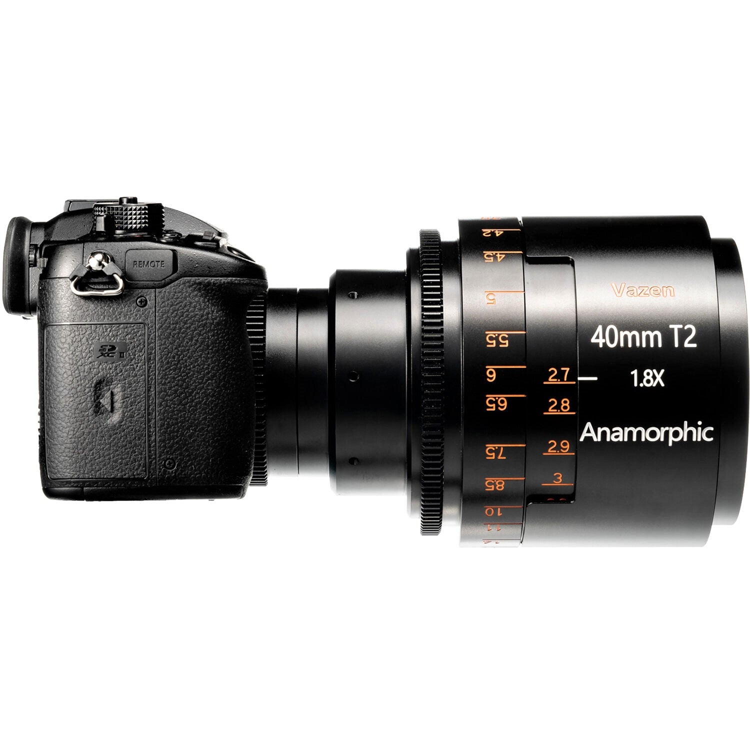 Vazen 40mm T/2 1.8X Anamorphic Lens (RF Mount, Amber Flare) with Attached Camera on the Left Side