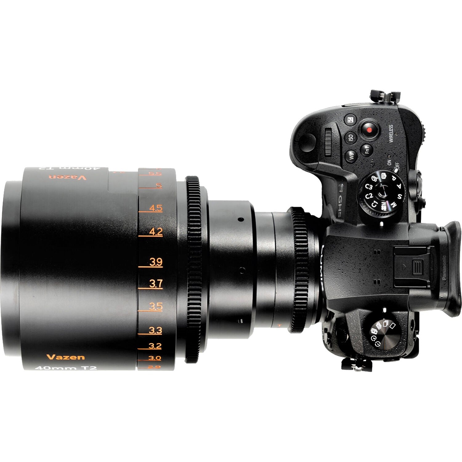 Vazen 40mm T/2 1.8X Anamorphic Lens (RF Mount, Amber Flare) from a Top View with Attached Camera on the Right Side