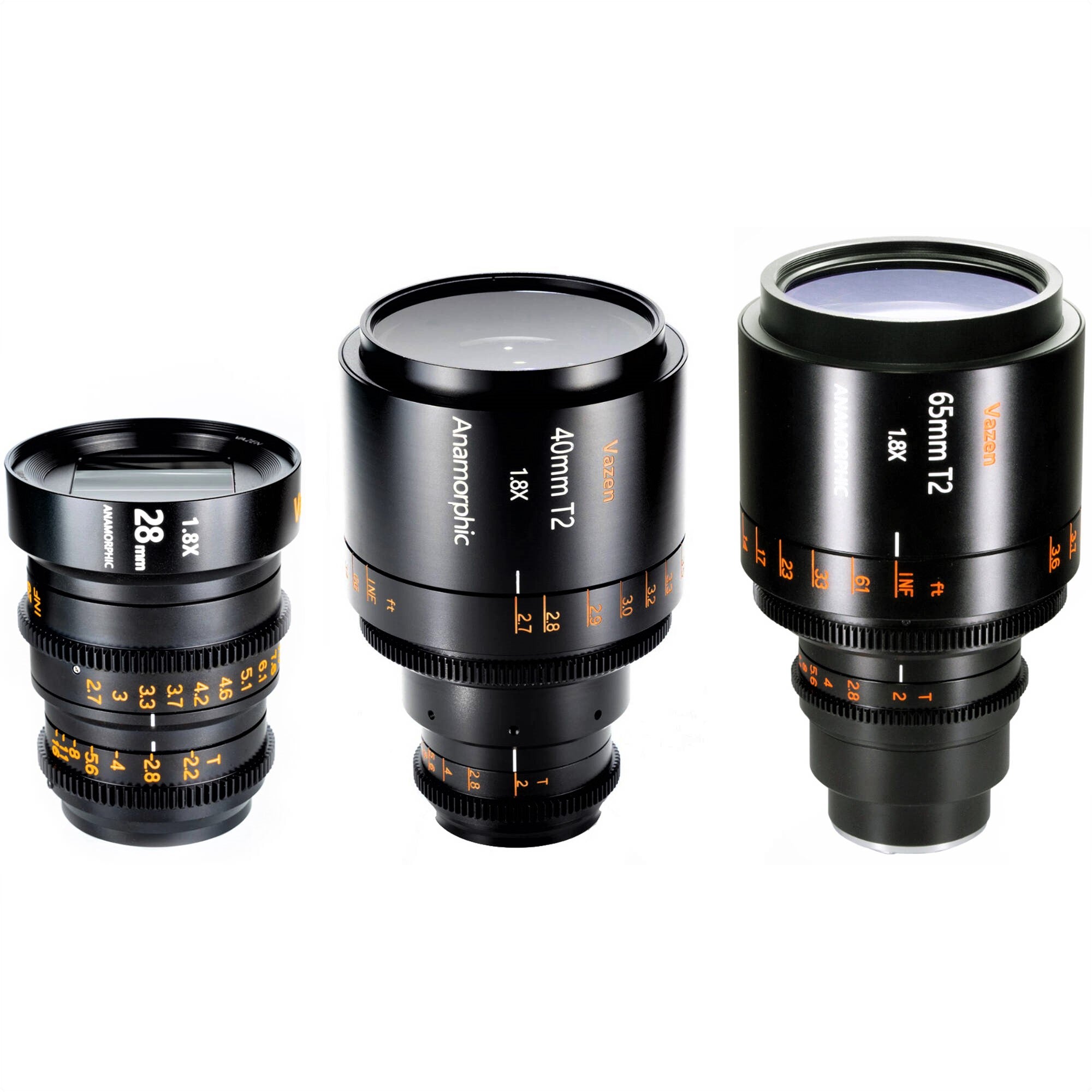 Vazen 28mm T2.2 1.8x Anamorphic Lens (Left Side), Vazen 40mm T2 1.8x Anamorphic Lens (Middle), and Vazen 65mm T2 1.8x Anamorphic Lens (Right Side)