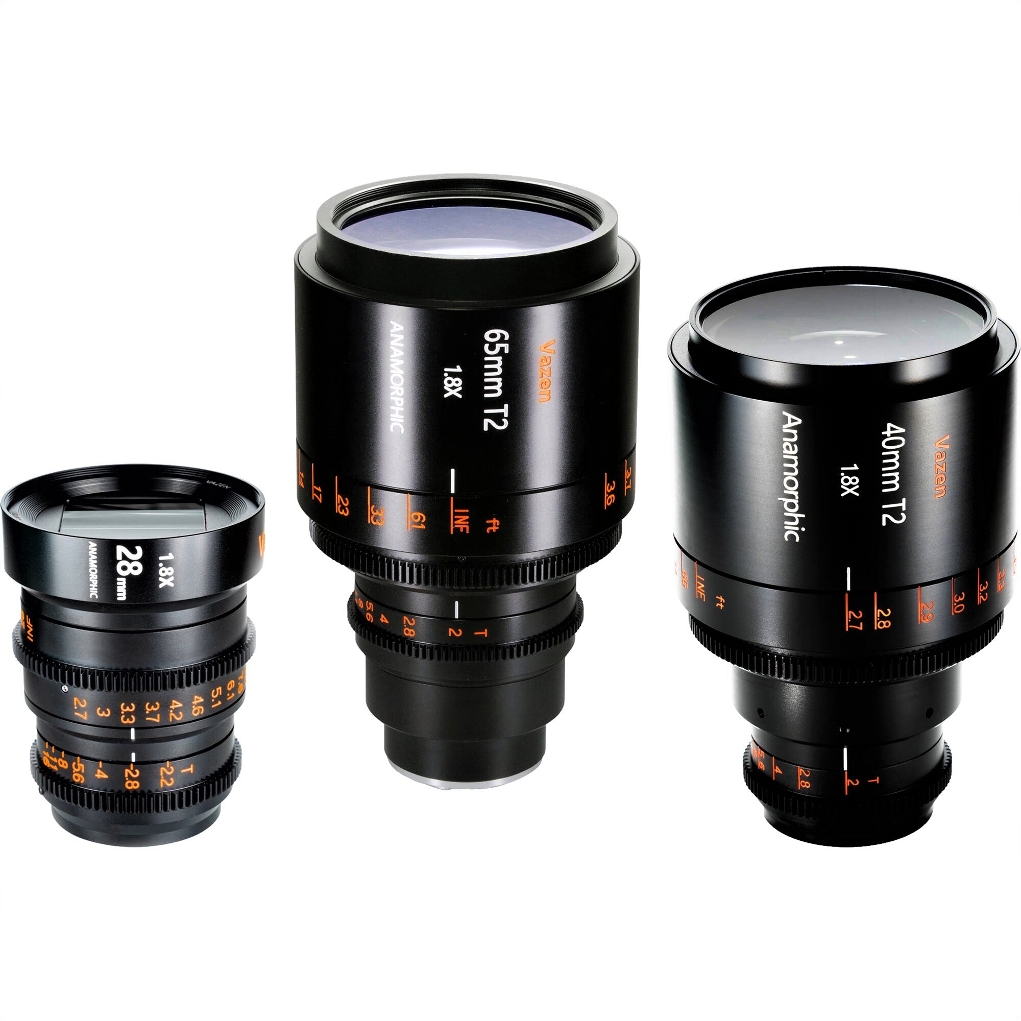 Vazen 28mm T2.2 1.8x Anamorphic Lens (Left Side), Vazen 65mm T2 1.8x Anamorphic Lens (Middle), and Vazen 40mm T2 1.8x Anamorphic Lens (Right Side)