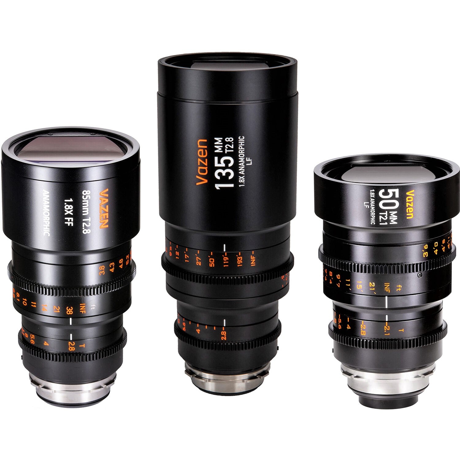 Vazen 85mm T2.8 1.8x Full-Frame Anamorphic Lens (Left Side), Vazen 135mm T2.8 1.8x FF Anamorphic Lens (Middle), and Vazen 50mm T2.1 1.8x Full-Frame Anamorphic Lens (Right Side)