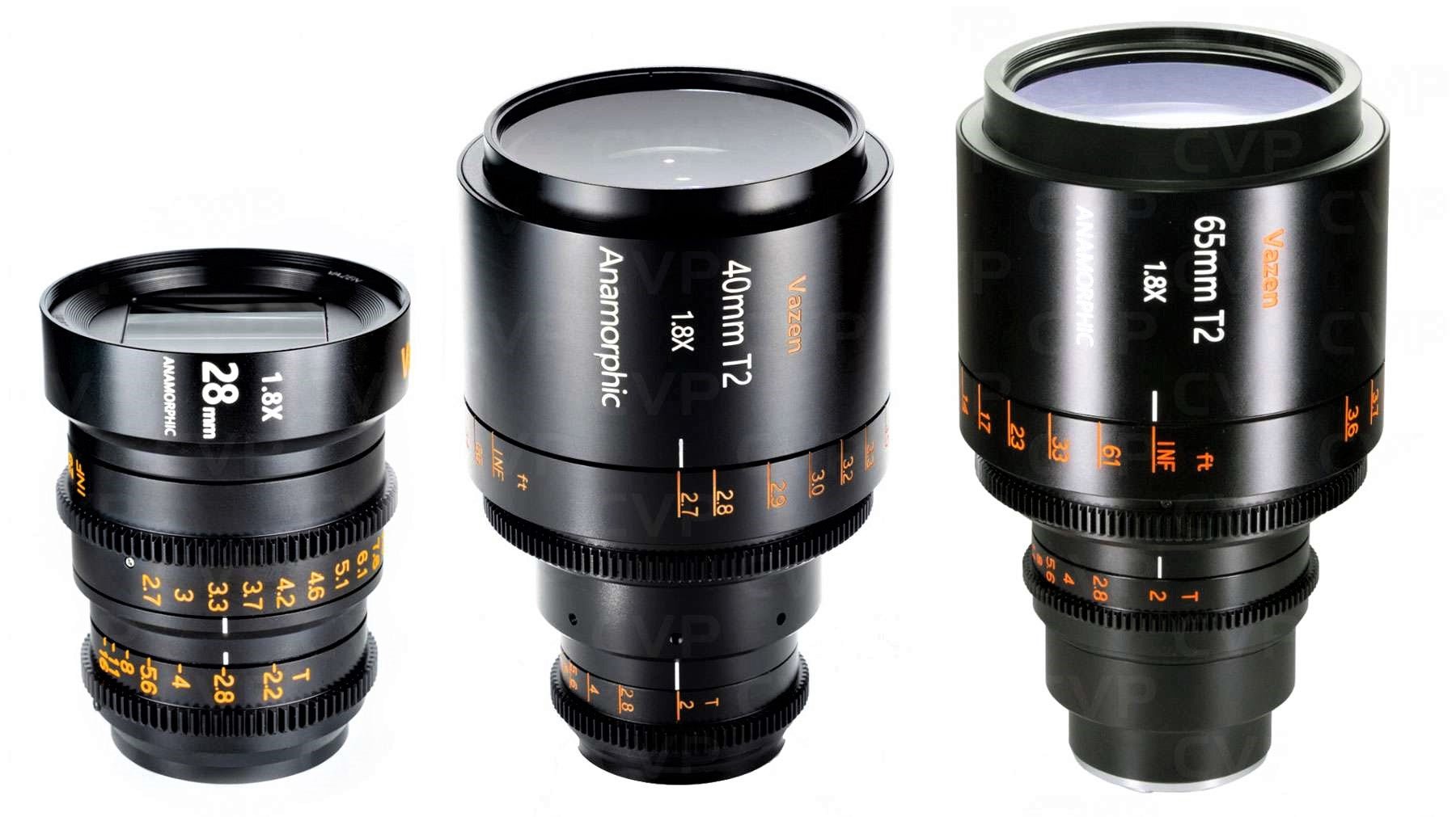 Vazen 28mm T2.2 1.8x Anamorphic Lens (Left Side), Vazen 40mm T2 1.8x Anamorphic Lens (Middle), and Vazen 65mm T2 1.8x Anamorphic Lens (Right Side)