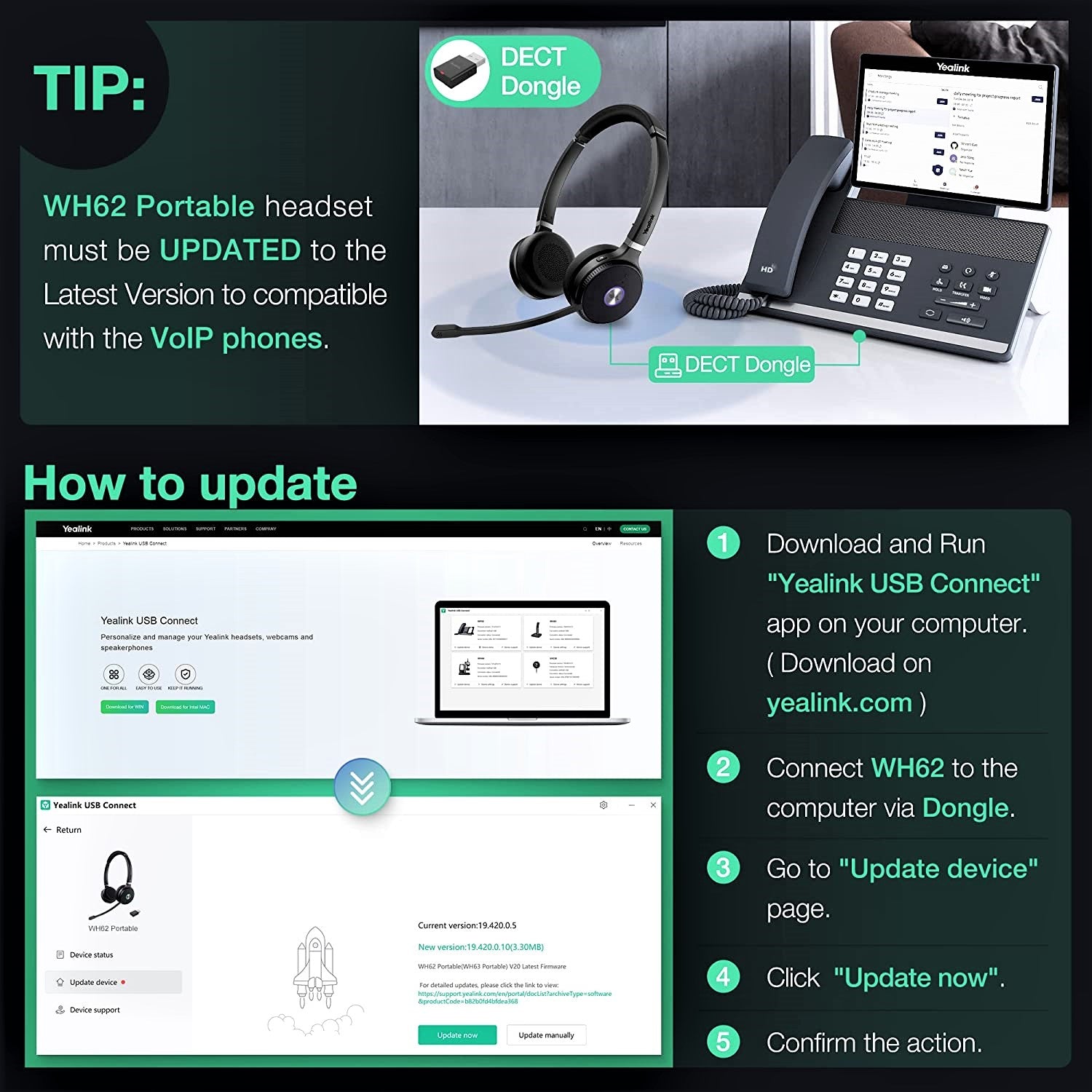 Yealink WH62 Portable Dual DECT Wireless Headset - Features